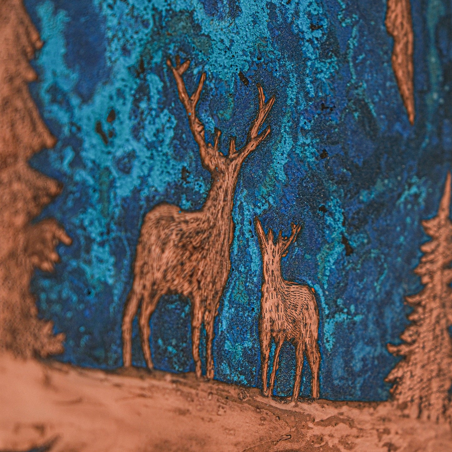 Lodge & Cabin Kitchen Backsplash Tile - Copper Deer in Forest - Blue Patina - Natuross
