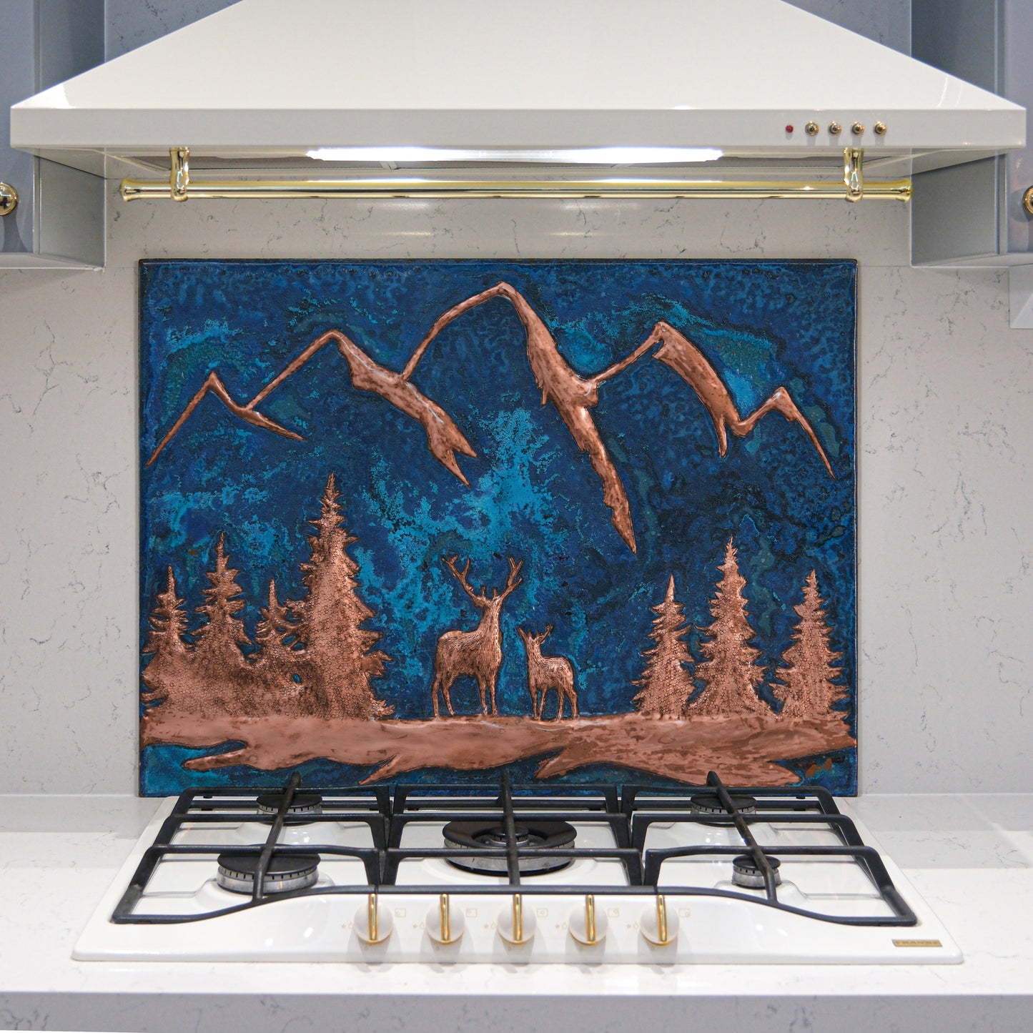 Lodge & Cabin Kitchen Backsplash Tile - Copper Deer in Forest - Blue Patina - Natuross