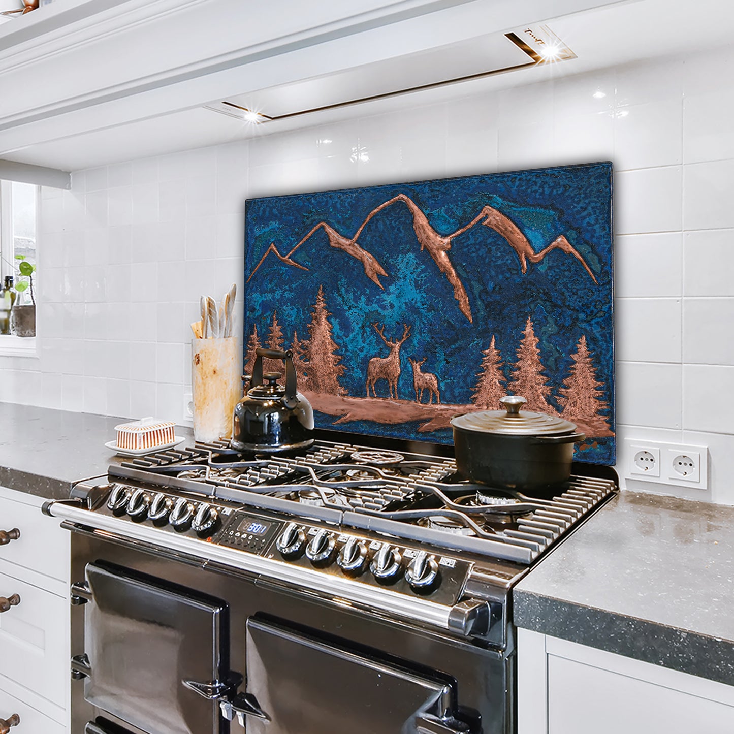 Lodge & Cabin Kitchen Backsplash Tile - Copper Deer in Forest - Blue Patina - Natuross