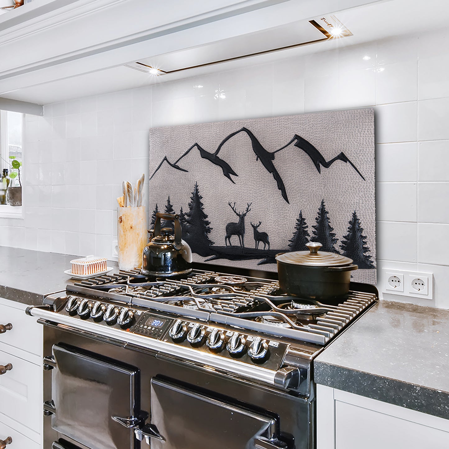 Lodge & Cabin Kitchen Backsplash Tile - Copper Deer in Forest - Gray & Black - Natuross