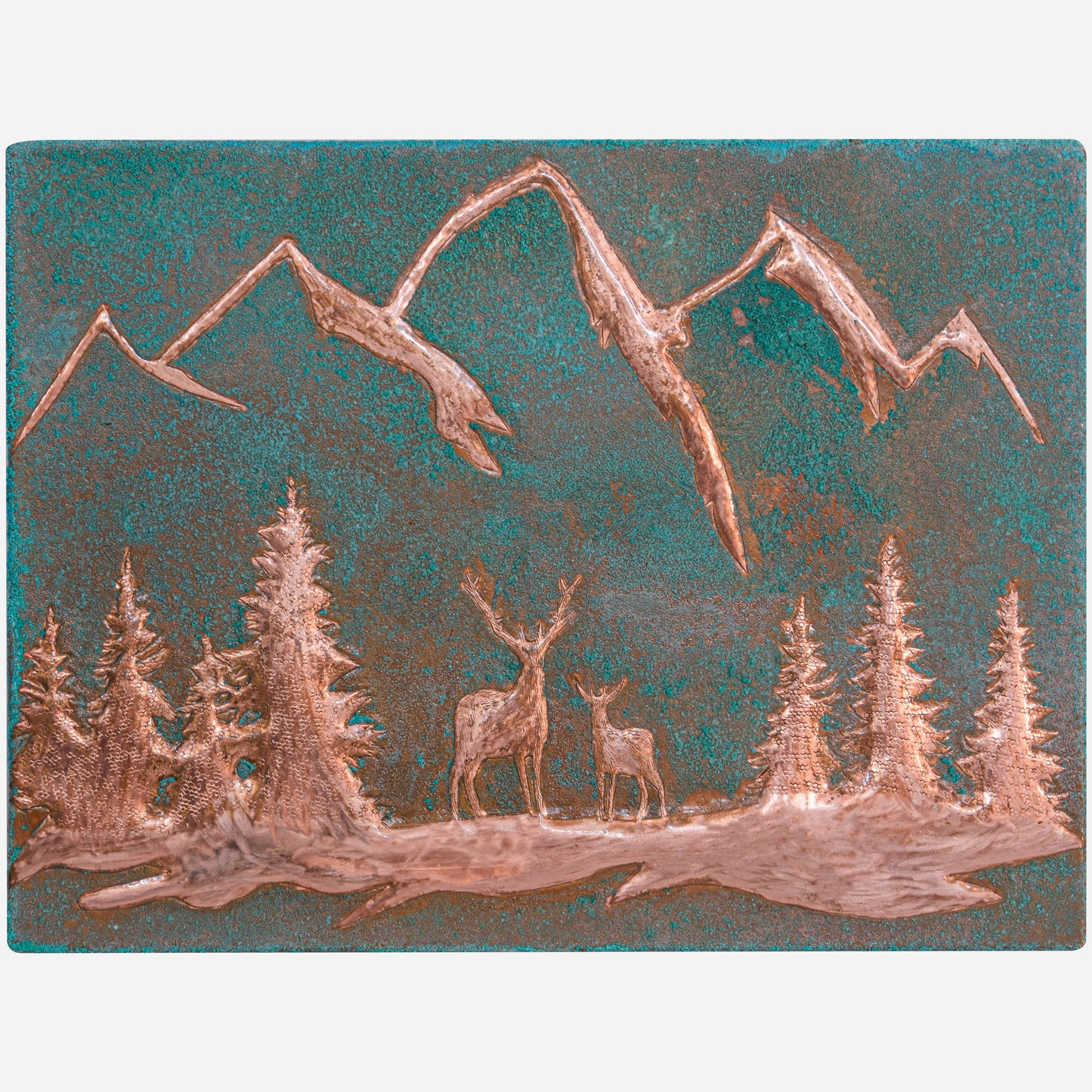 Lodge & Cabin Kitchen Backsplash Tile - Copper Deer in Forest - Green Patina - Natuross