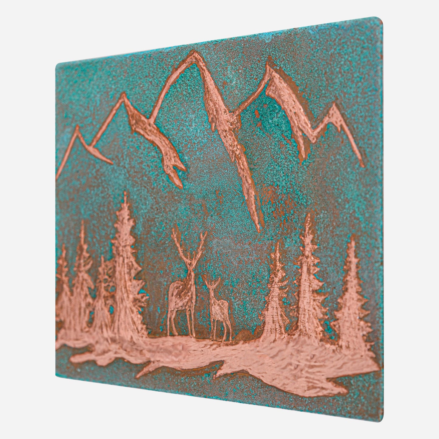 Lodge & Cabin Kitchen Backsplash Tile - Copper Deer in Forest - Green Patina - Natuross