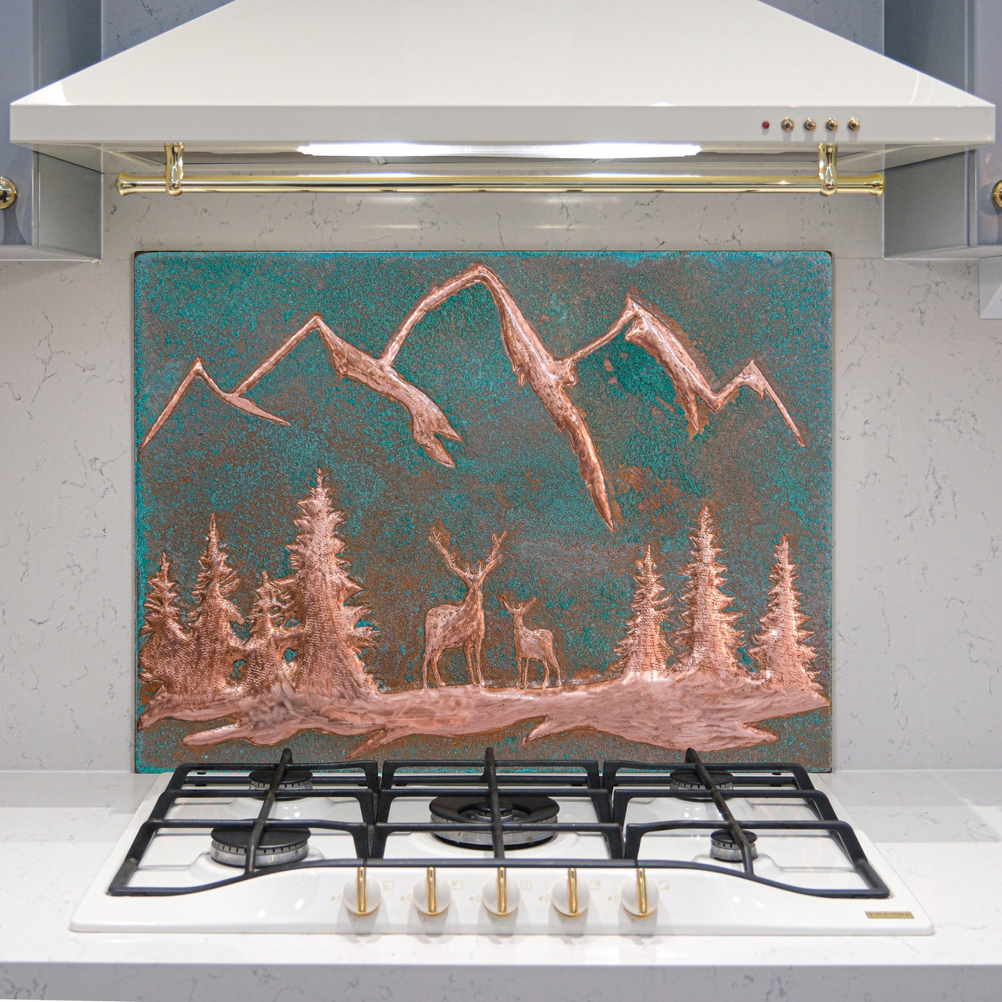 Lodge & Cabin Kitchen Backsplash Tile - Copper Deer in Forest - Green Patina - Natuross