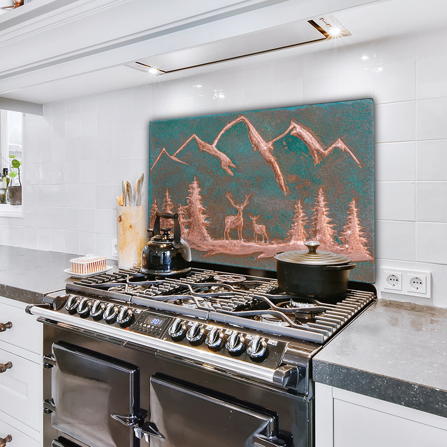 Lodge & Cabin Kitchen Backsplash Tile - Copper Deer in Forest - Green Patina - Natuross