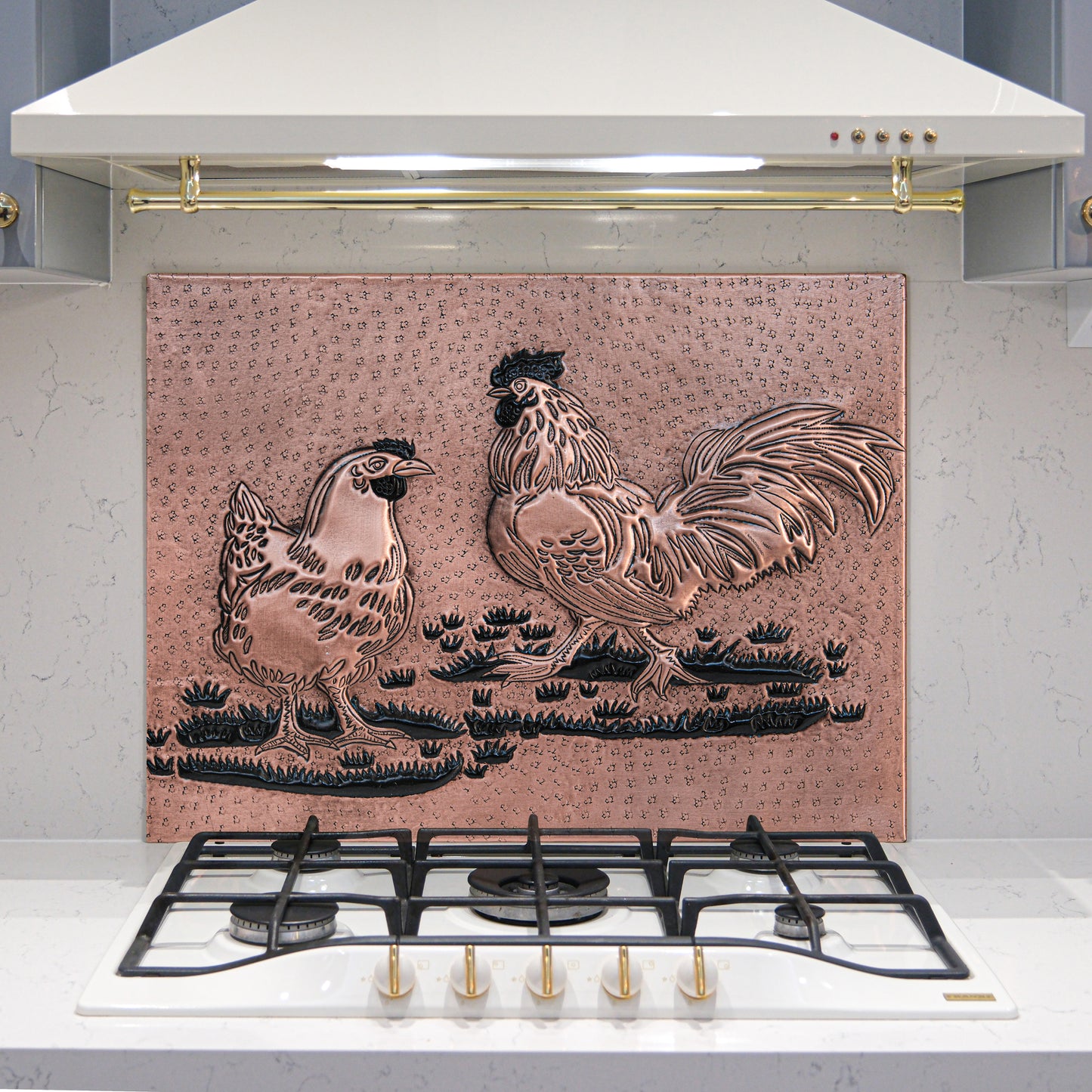 Farmhouse Kitchen Backsplash Tile - Copper Rooster & Chicken - Copper & Black - Natuross
