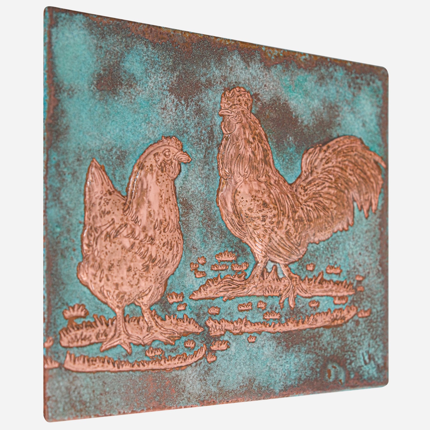 Farmhouse Kitchen Backsplash Tile - Copper Rooster & Chicken - Green Patina
