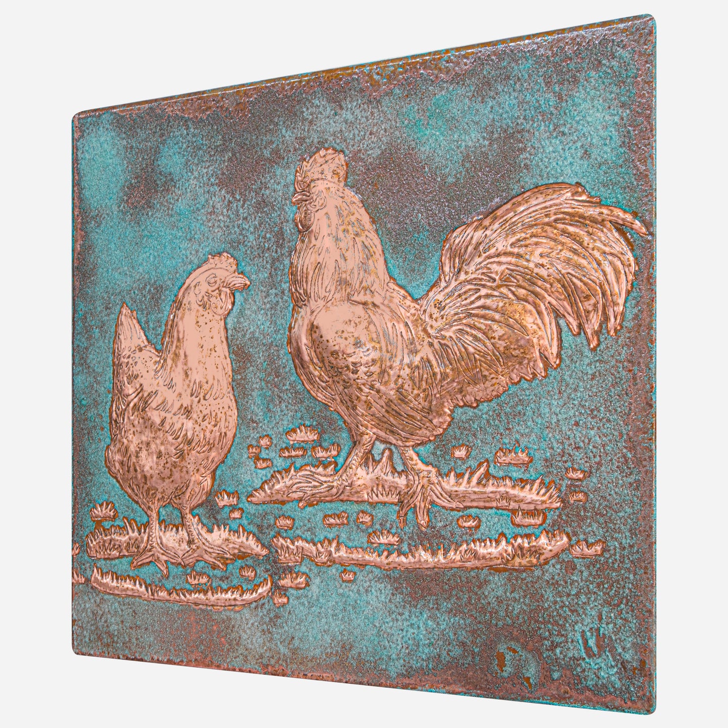 Farmhouse Kitchen Backsplash Tile - Copper Rooster & Chicken - Green Patina