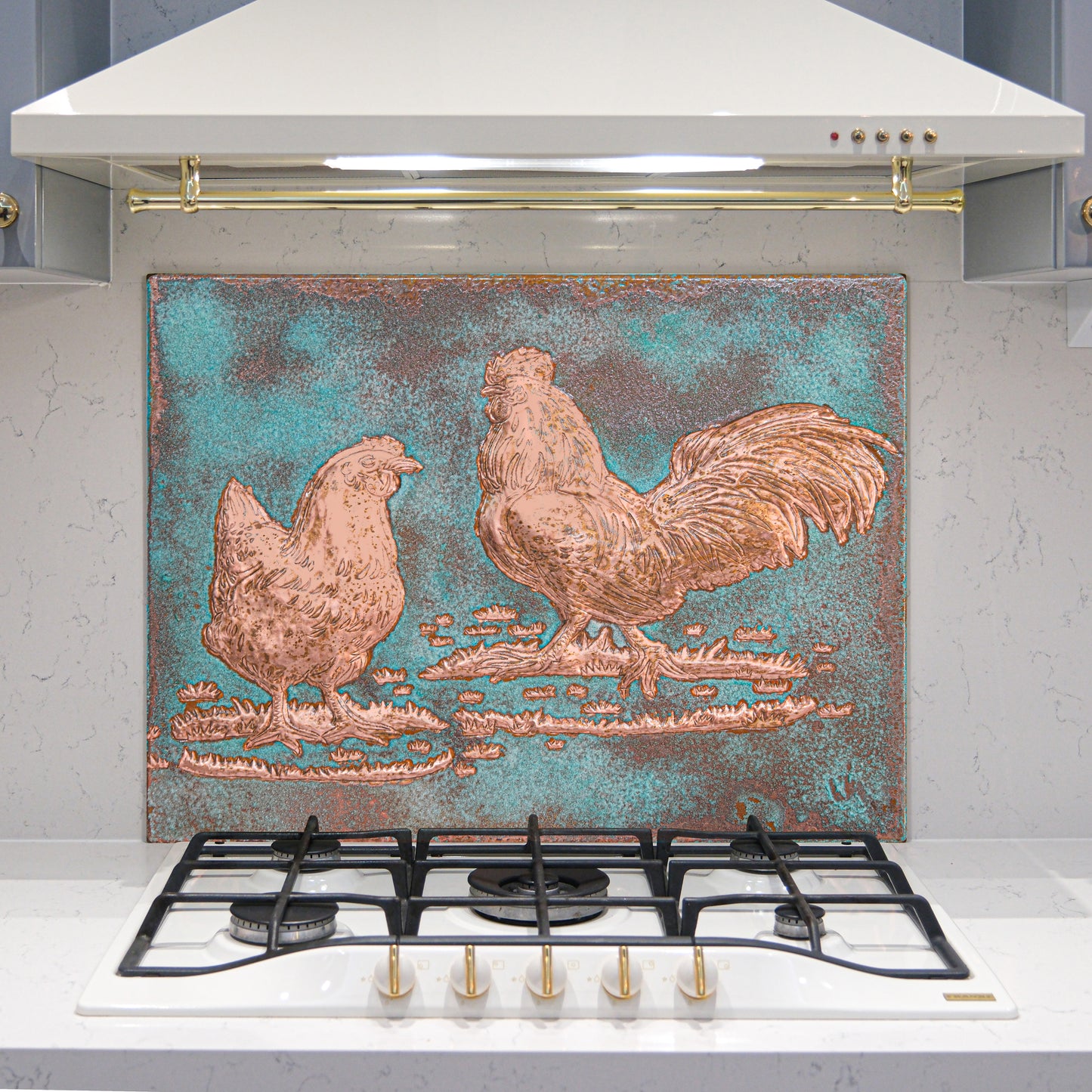 Farmhouse Kitchen Backsplash Tile - Copper Rooster & Chicken - Green Patina