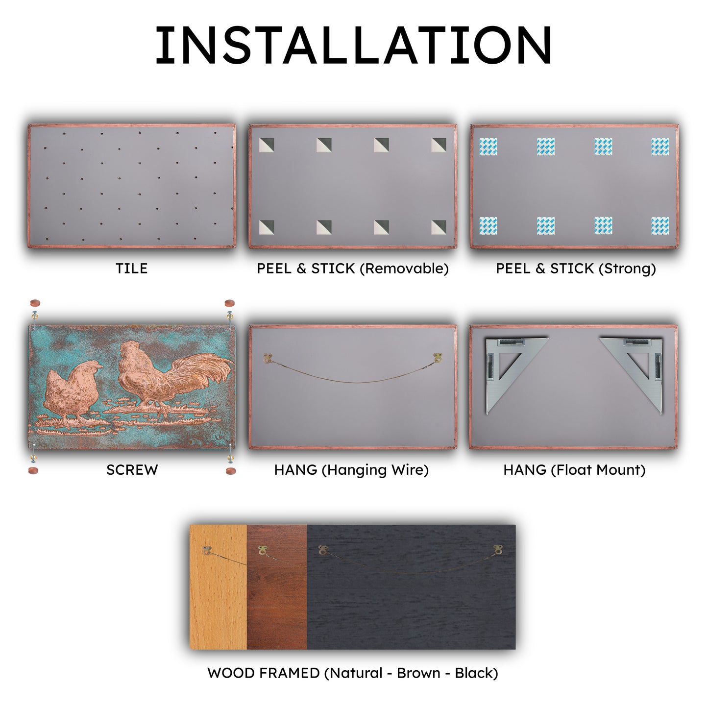 Farmhouse Kitchen Backsplash Tile - Copper Rooster & Chicken - Green Patina