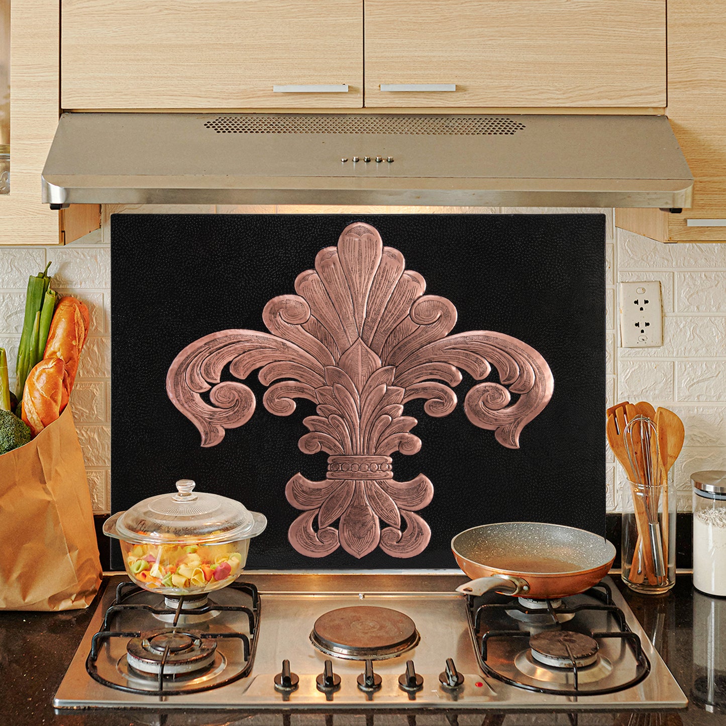 French Country Kitchen Backsplash Tile - Copper Fleur De Lys - Black - Natuross