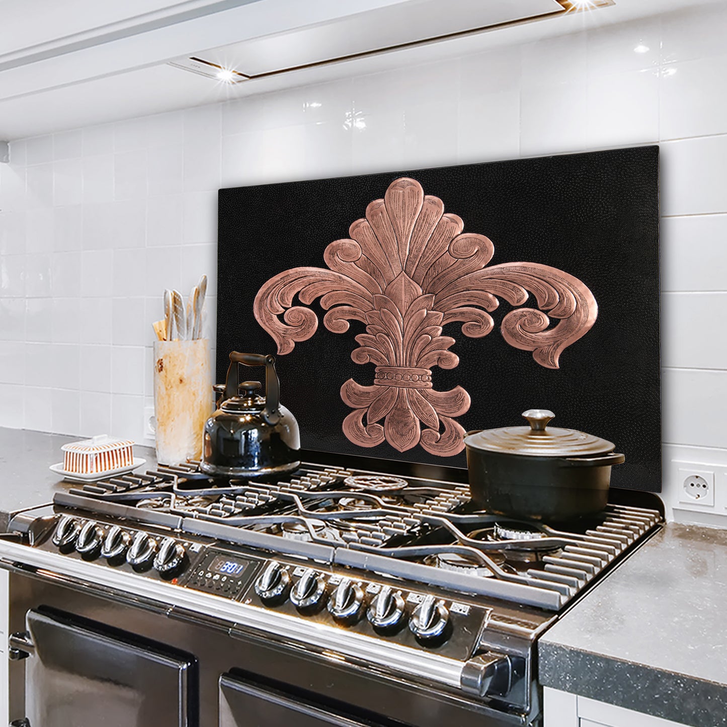 French Country Kitchen Backsplash Tile - Copper Fleur De Lys - Black - Natuross