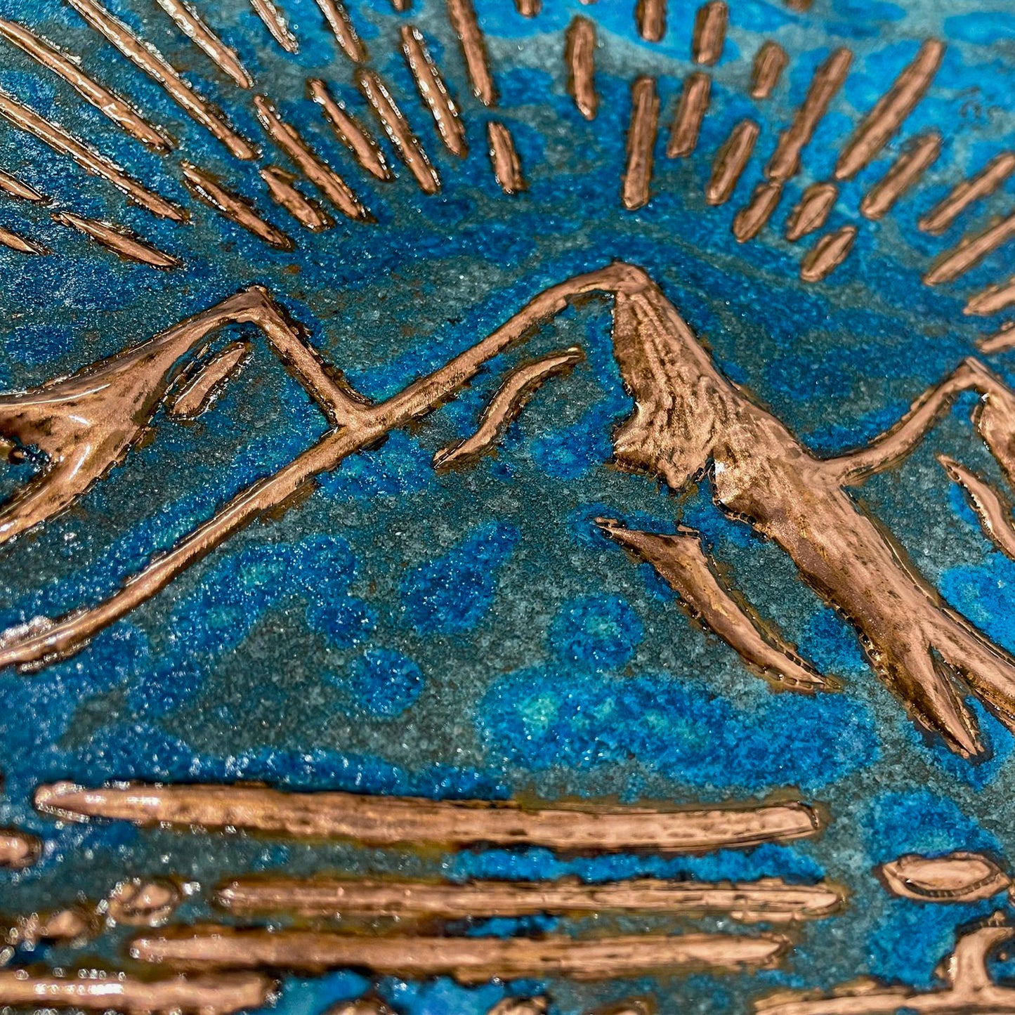 Mountain Retreat Kitchen Backsplash Tile - Copper Sunrise Scene - Blue Patina - Natuross