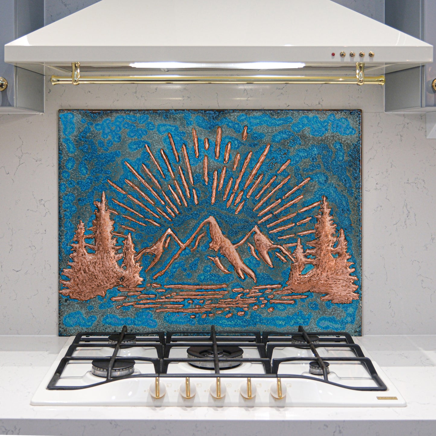 Mountain Retreat Kitchen Backsplash Tile - Copper Sunrise Scene - Blue Patina - Natuross