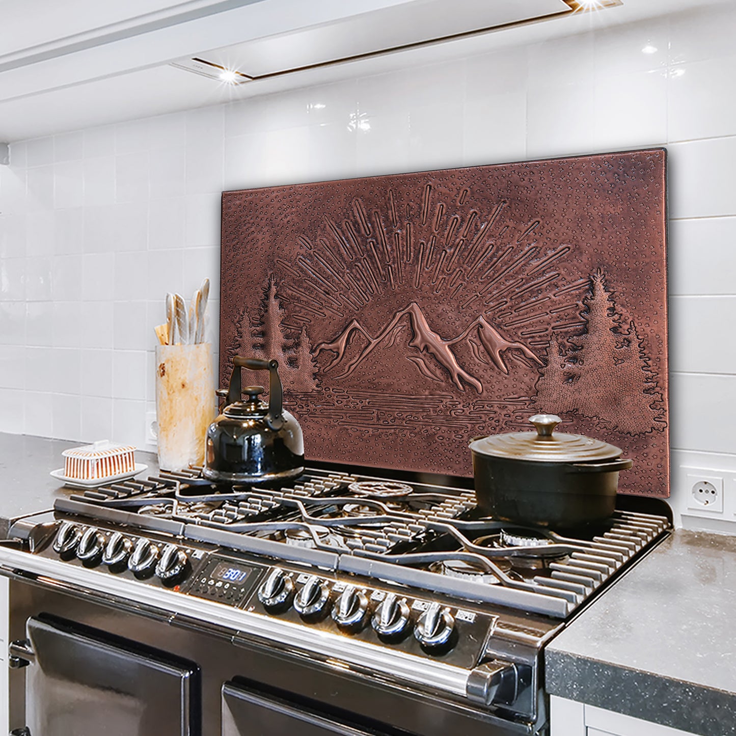 Mountain Retreat Kitchen Backsplash Tile - Copper Sunrise Scene - Brown Patina - Natuross