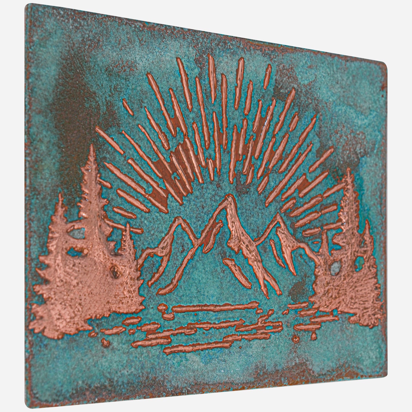 Mountain Retreat Kitchen Backsplash Tile - Copper Sunrise Scene - Green Patina - Natuross