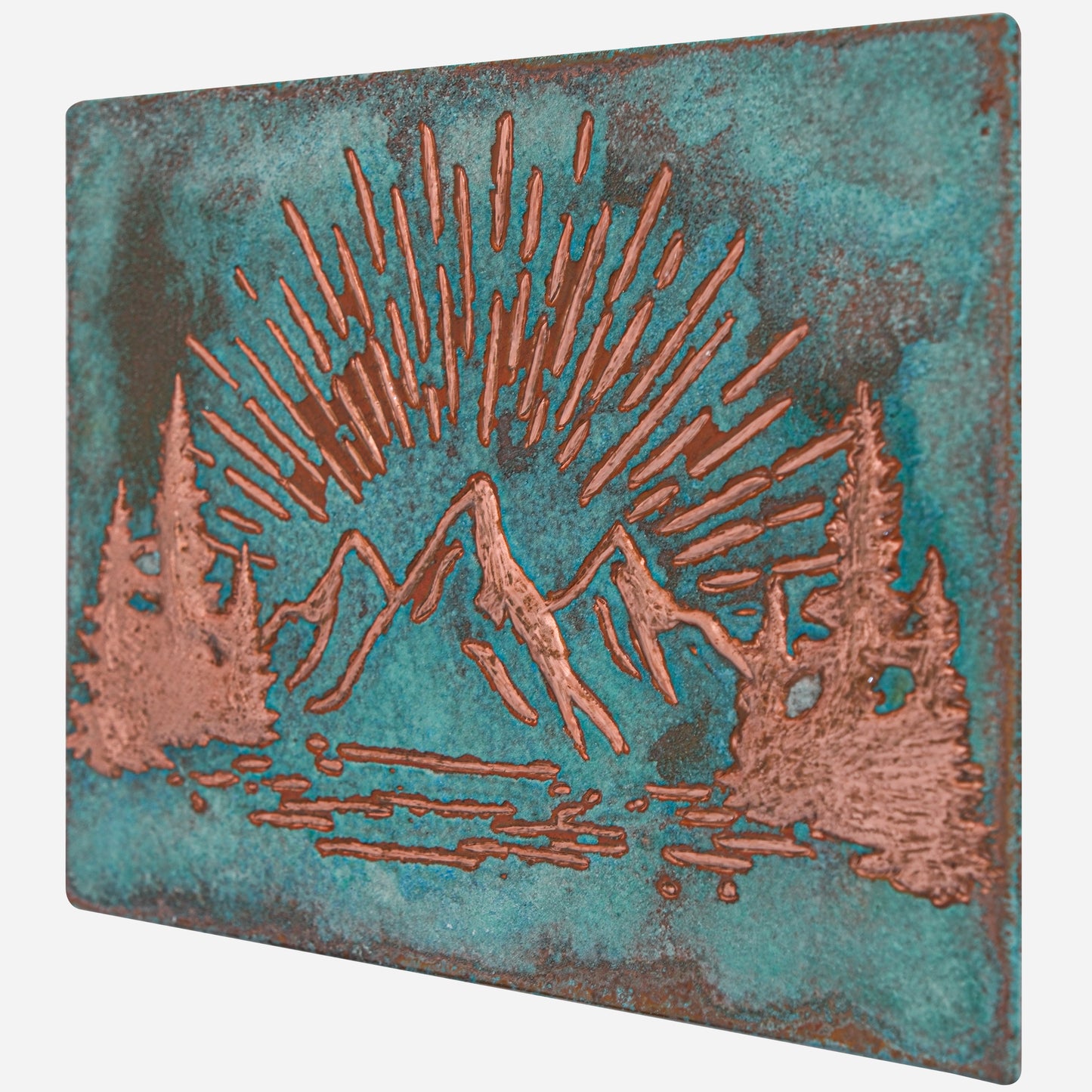 Mountain Retreat Kitchen Backsplash Tile - Copper Sunrise Scene - Green Patina - Natuross