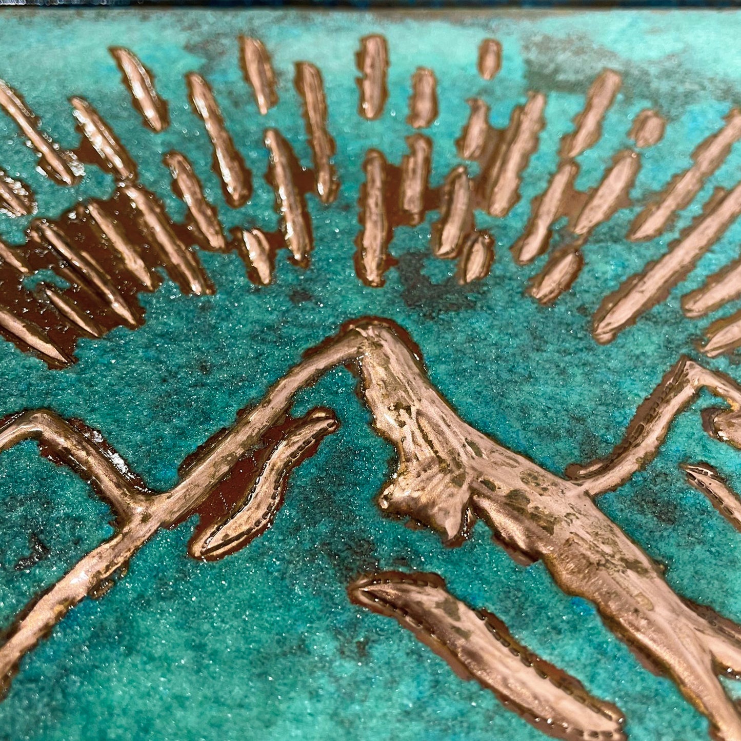 Mountain Retreat Kitchen Backsplash Tile - Copper Sunrise Scene - Green Patina - Natuross