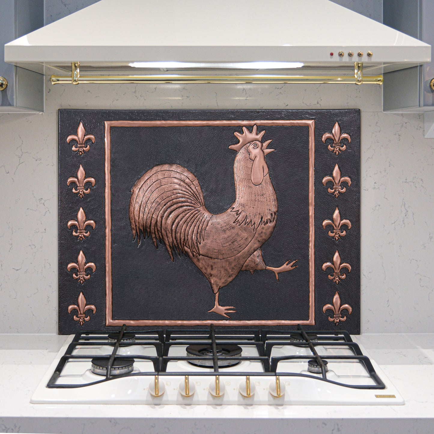 European Kitchen Backsplash Tile - Copper Rooster & Fleur De Lys - Black - Natuross