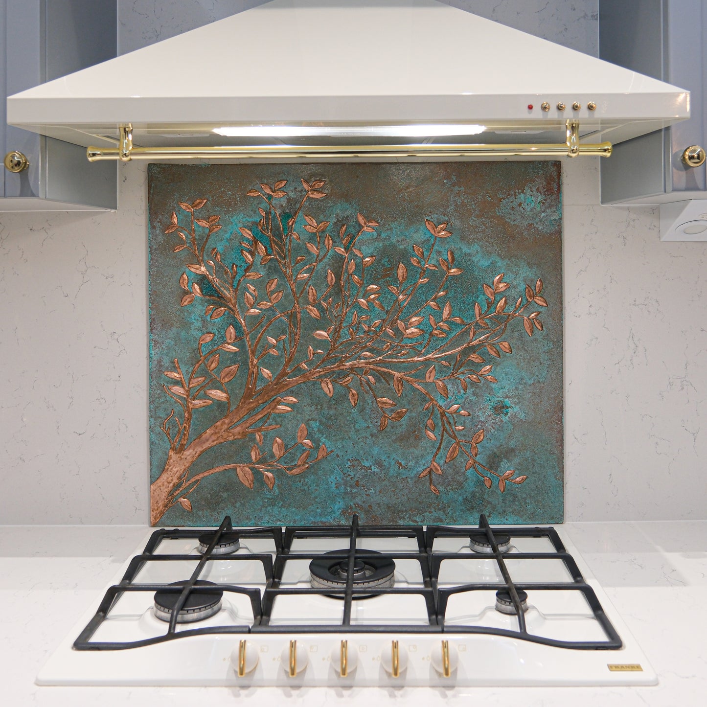 copper kitchen backsplash tile, tree branches, backsplash tile, green patina copper backsplash, tile mural, backsplash mural, copper tile, green tile,