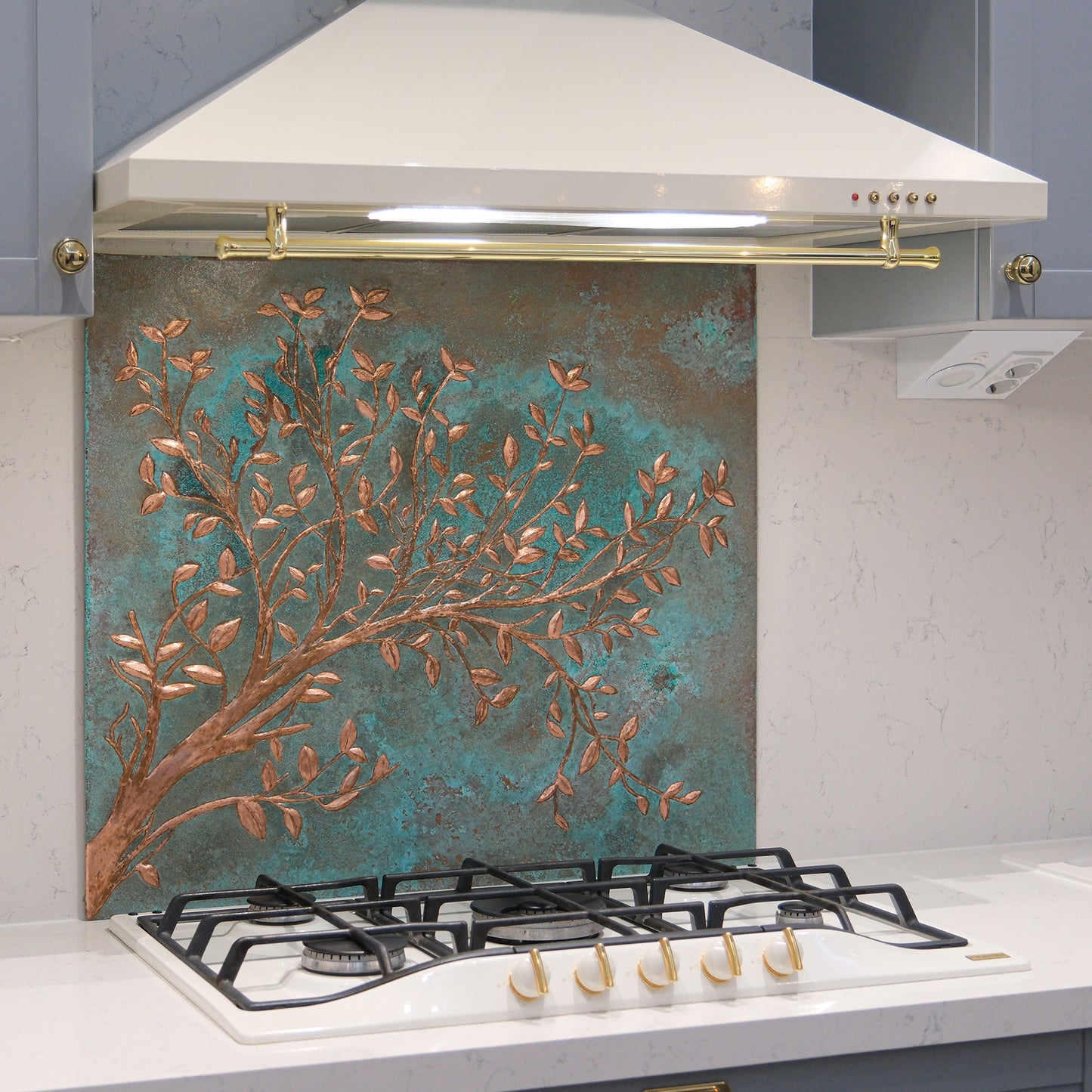 copper kitchen backsplash tile, tree branches, backsplash tile, green patina copper backsplash, tile mural, backsplash mural, copper tile, green tile,