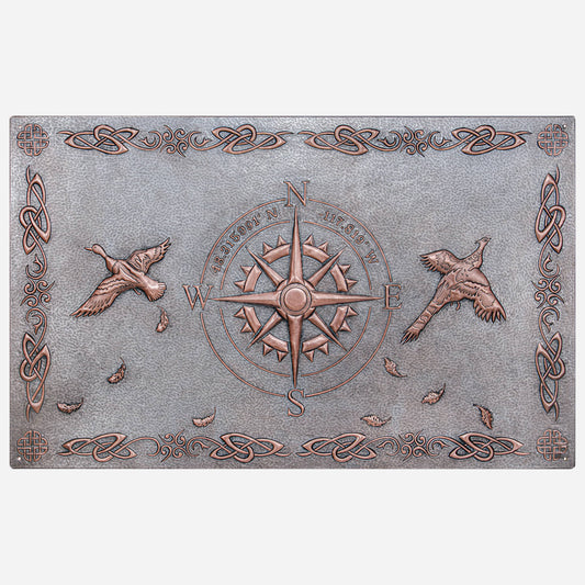 Copper Backsplash Panel (Compass with GPS Coordinates, Pheasant Birds, Celtic Border, Silver&Copper Color)