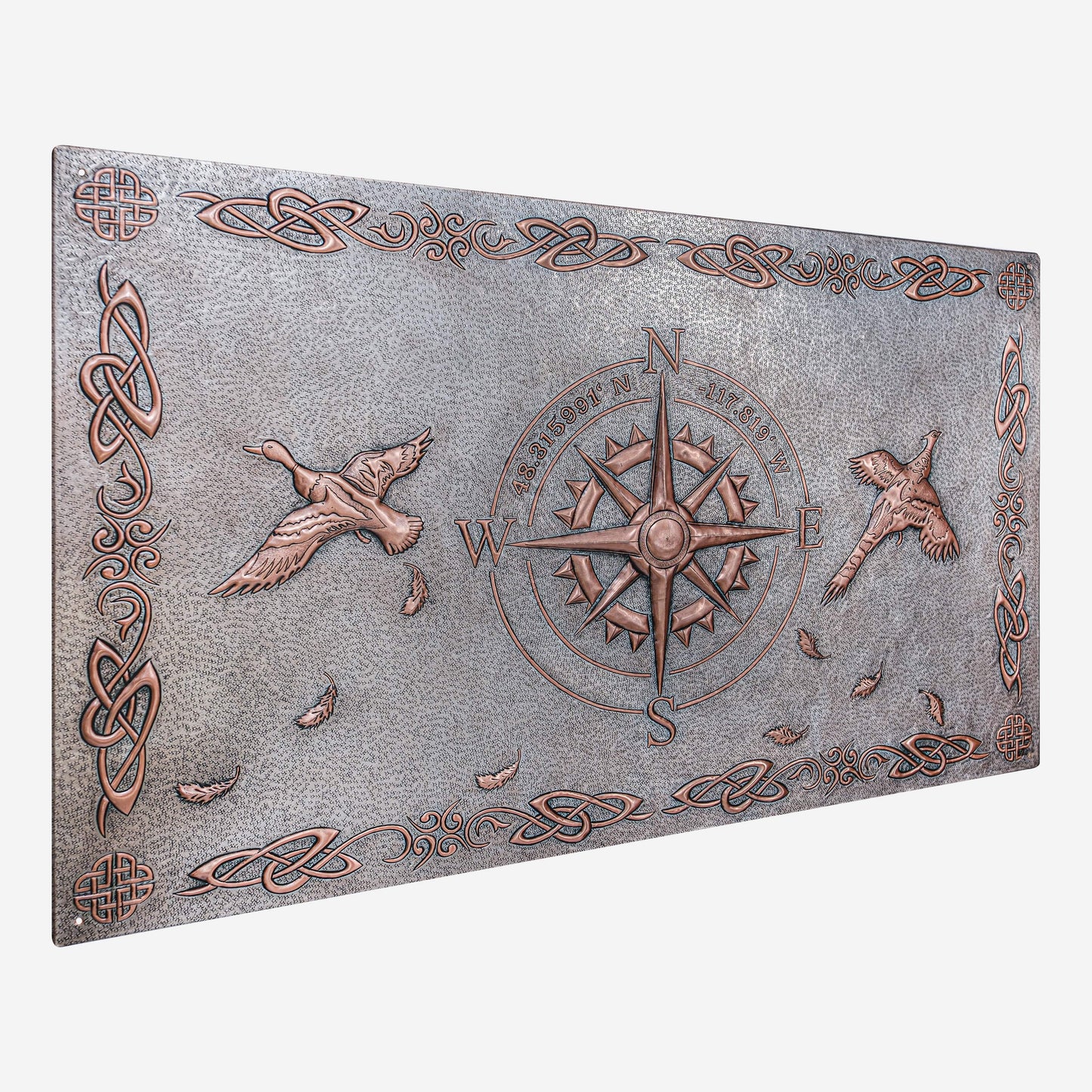 Copper Backsplash Panel (Compass with GPS Coordinates, Pheasant Birds, Celtic Border, Silver&Copper Color)