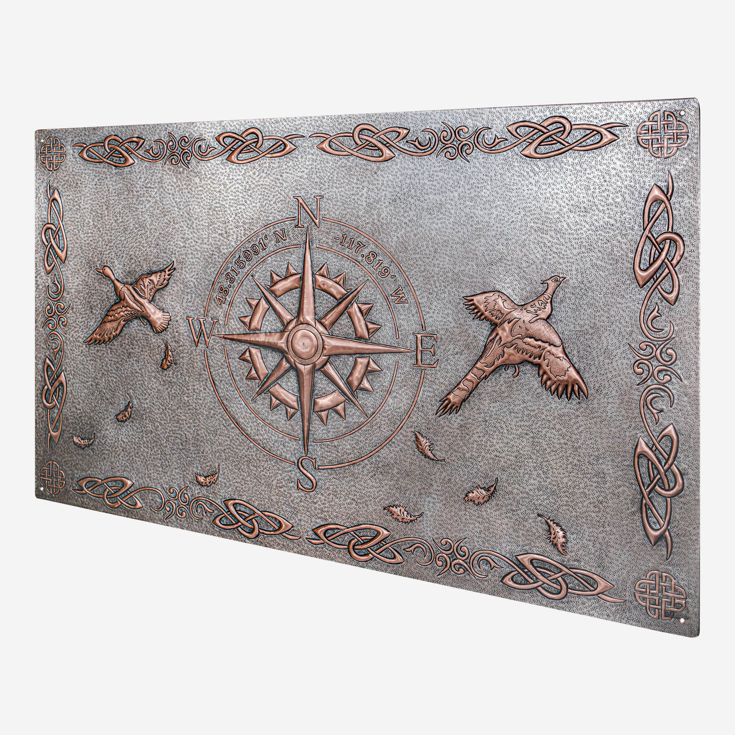 Copper Backsplash Panel (Compass with GPS Coordinates, Pheasant Birds, Celtic Border, Silver&Copper Color)