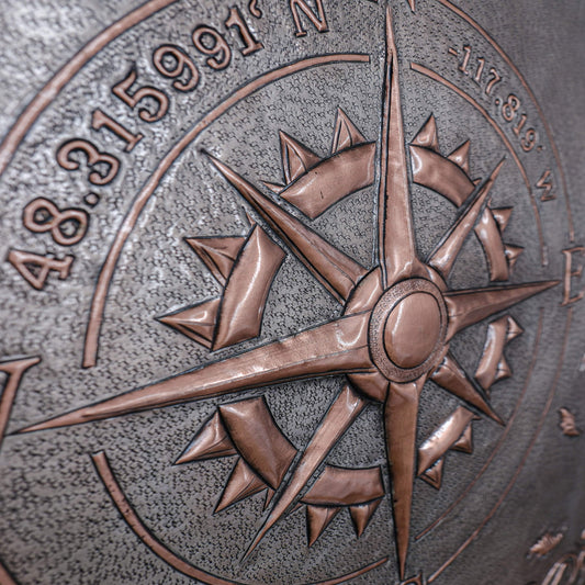 Copper Backsplash Panel (Compass with GPS Coordinates, Pheasant Birds, Celtic Border, Silver&Copper Color)