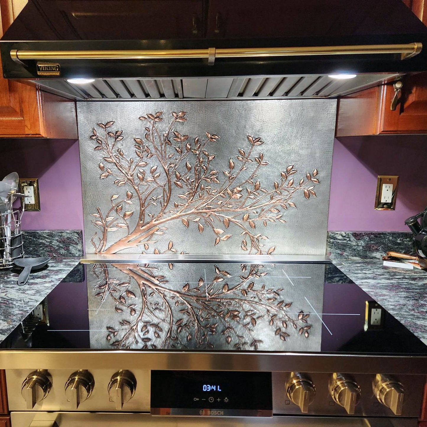 Copper Backsplash (Tree Branches, Silver&Copper Color)Tree Branches with Leaves Kitchen Backsplash Tile