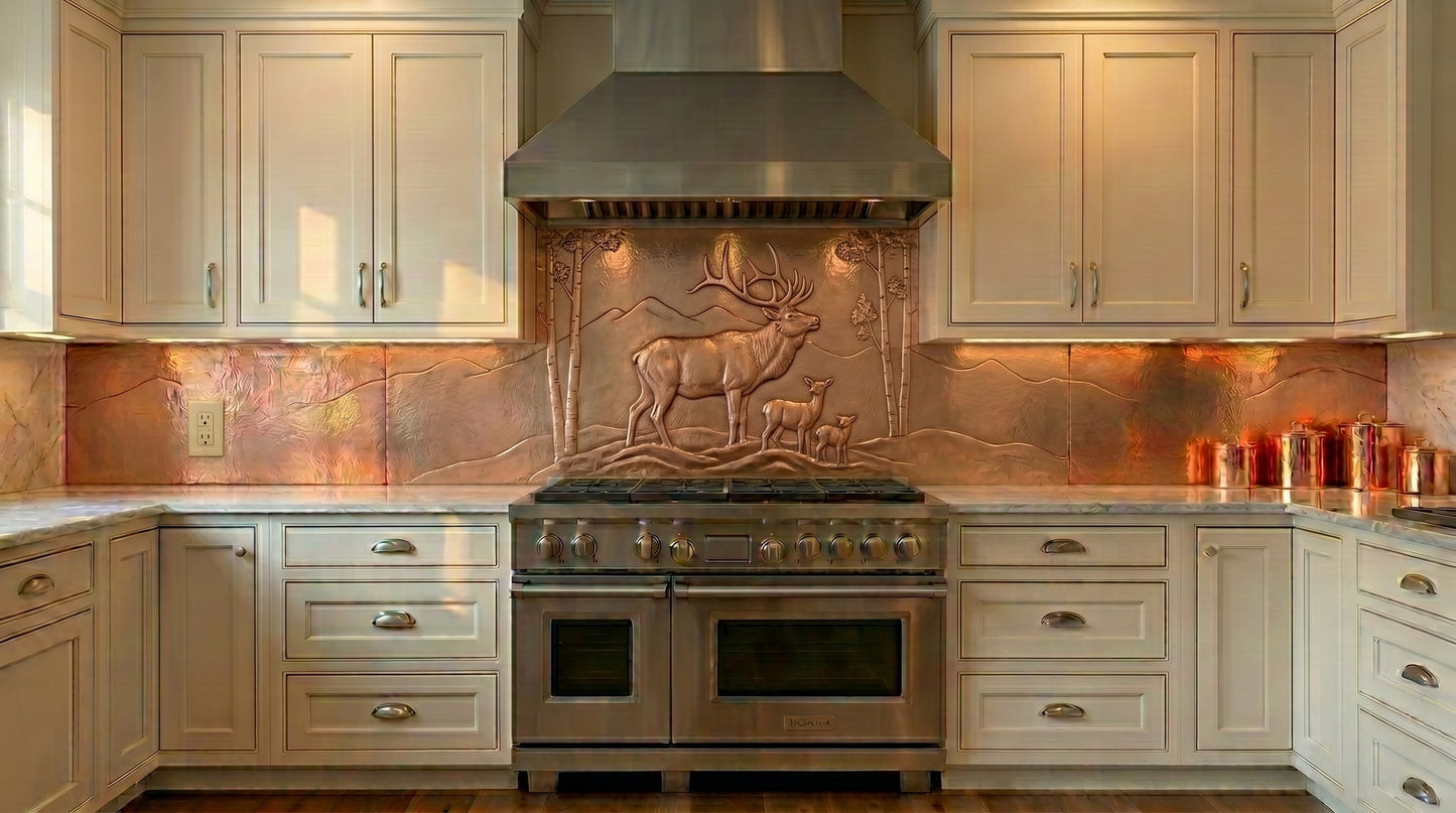 Copper Kitchen Backsplash Behind Cooktop