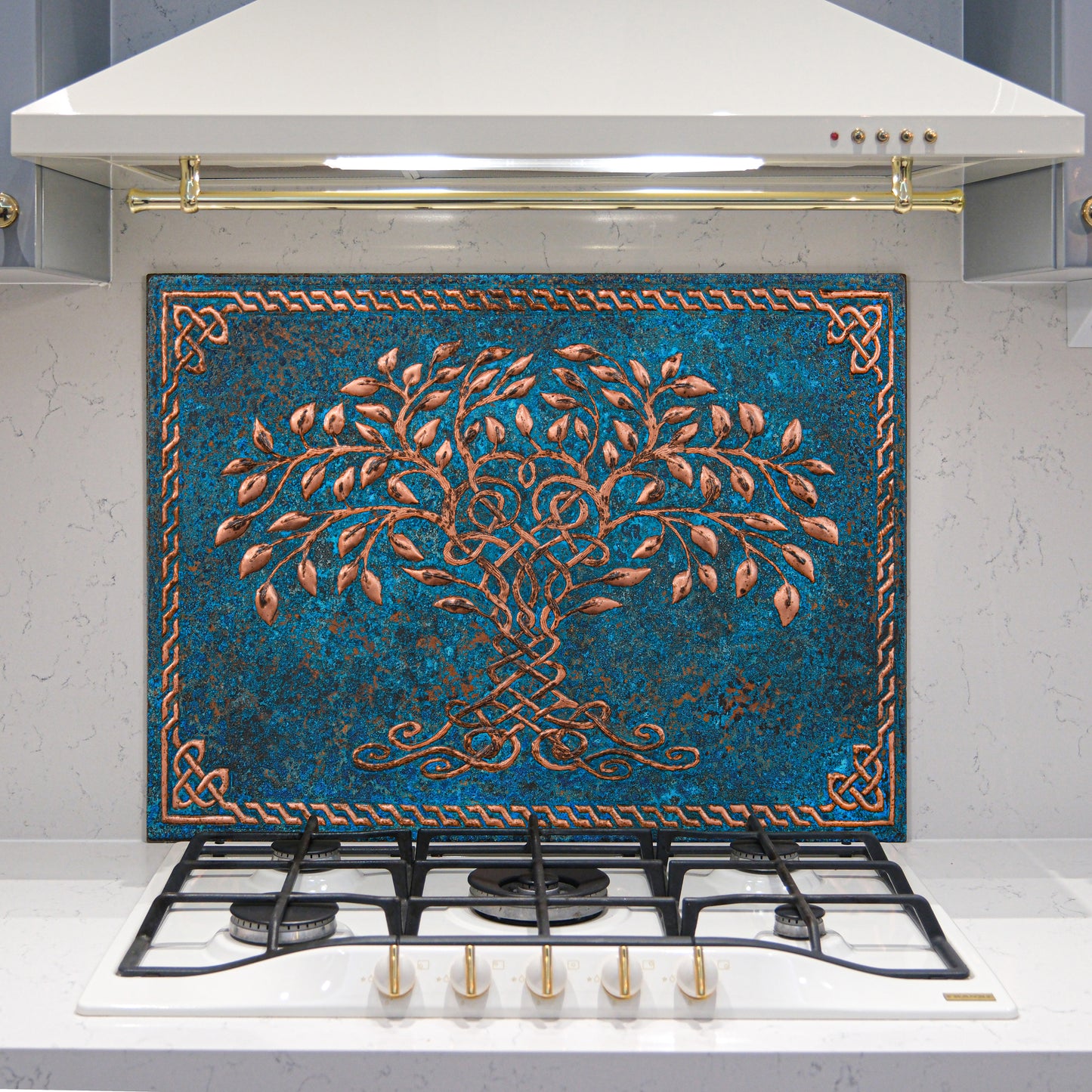 Copper Backsplash Panel (Celtic Tree of Life with Border, Blue Patina) - Natuross
