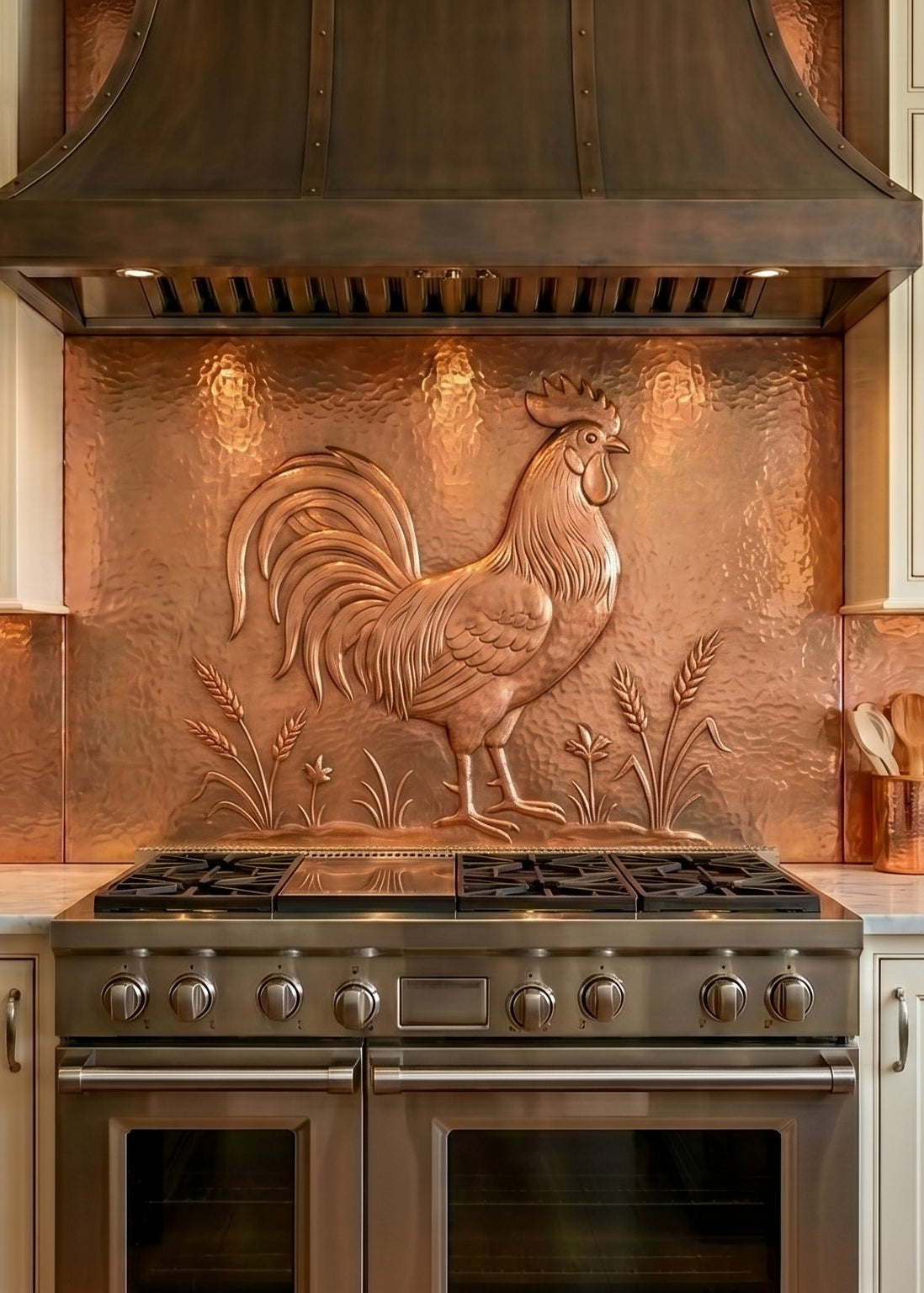 Custom copper commercial-style range backsplash featuring a hand-hammered rooster design. Made to your exact size in 15 finishes. Real copper, handcrafted to order.