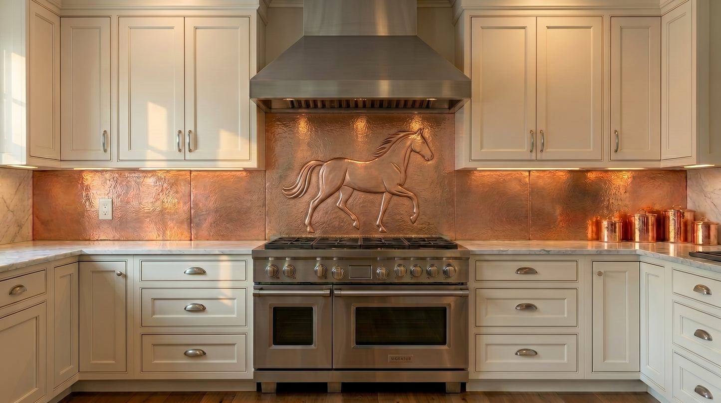 Custom copper oversized range backsplash featuring a hand-hammered horse design. Made to your exact size in 15 finishes. Real copper, handcrafted to order.