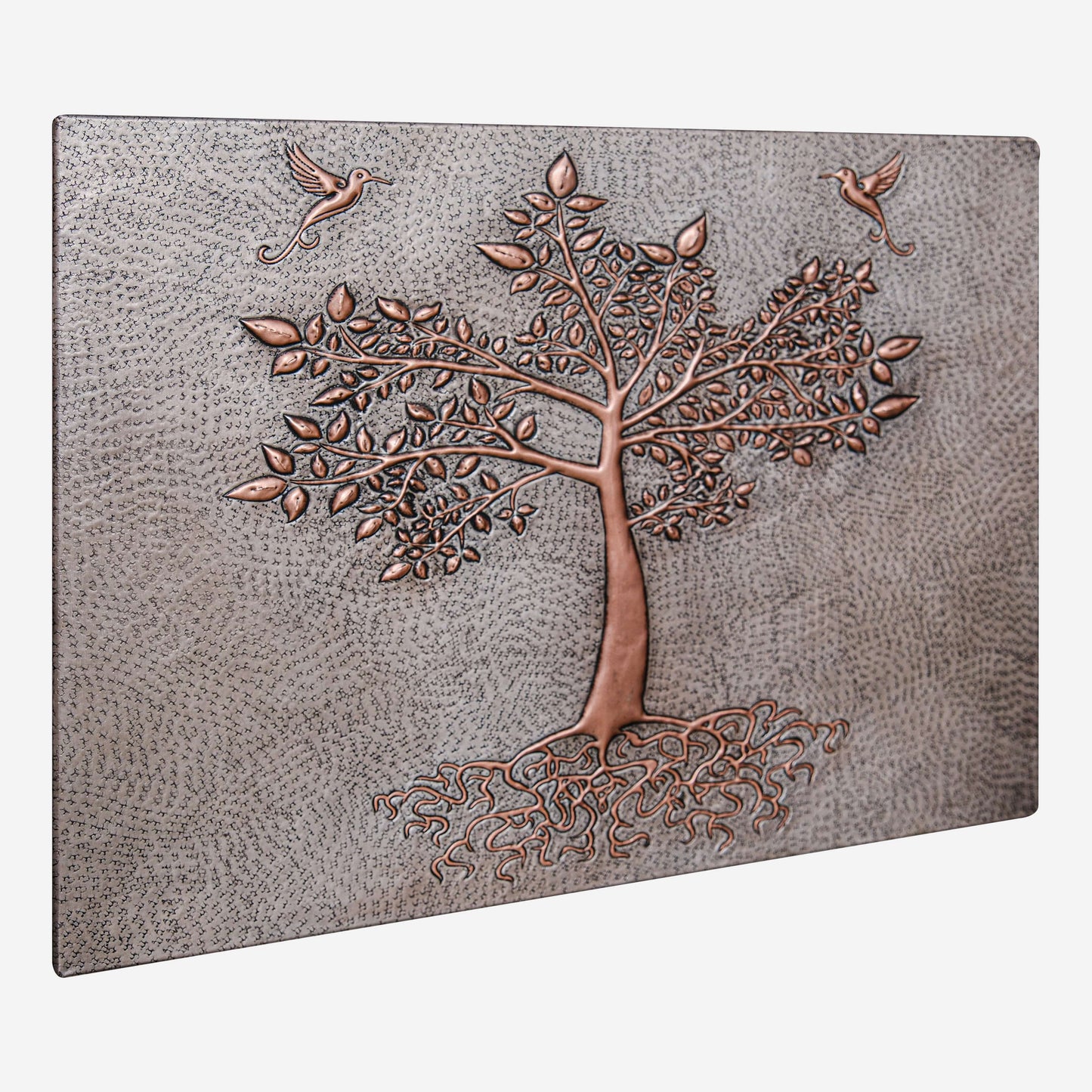 Copper Backsplash Panel (Tree with Roots, Hummingbirds, Silver&Copper Color)