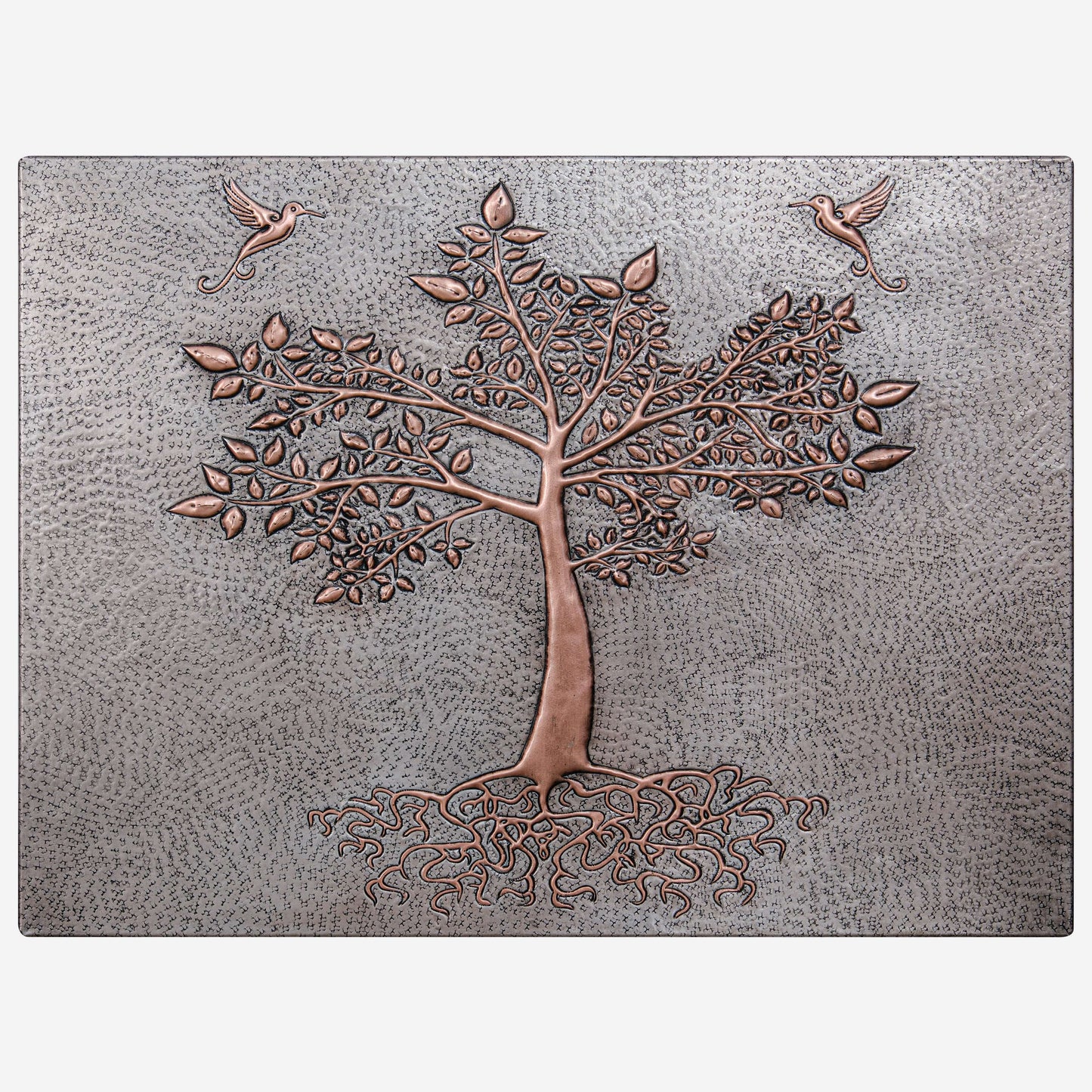 Copper Backsplash Panel (Tree with Roots, Hummingbirds, Silver&Copper Color)