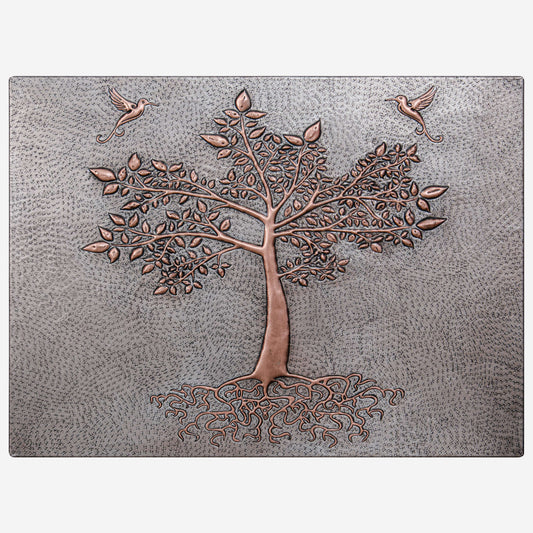 Copper Backsplash Panel (Tree with Roots, Hummingbirds, Silver&Copper Color)