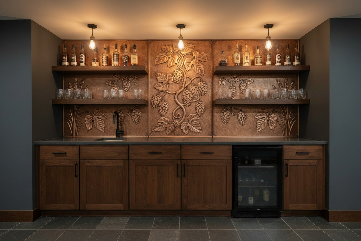 Handcrafted copper home bar backsplash featuring hop cones, hop vines, barley stalks, and brewery-inspired copper artwork. Custom copper backsplash for home bars, craft beer rooms, taprooms, tasting lounges, pub-style interiors, entertainment spaces, and brewery-themed designs.