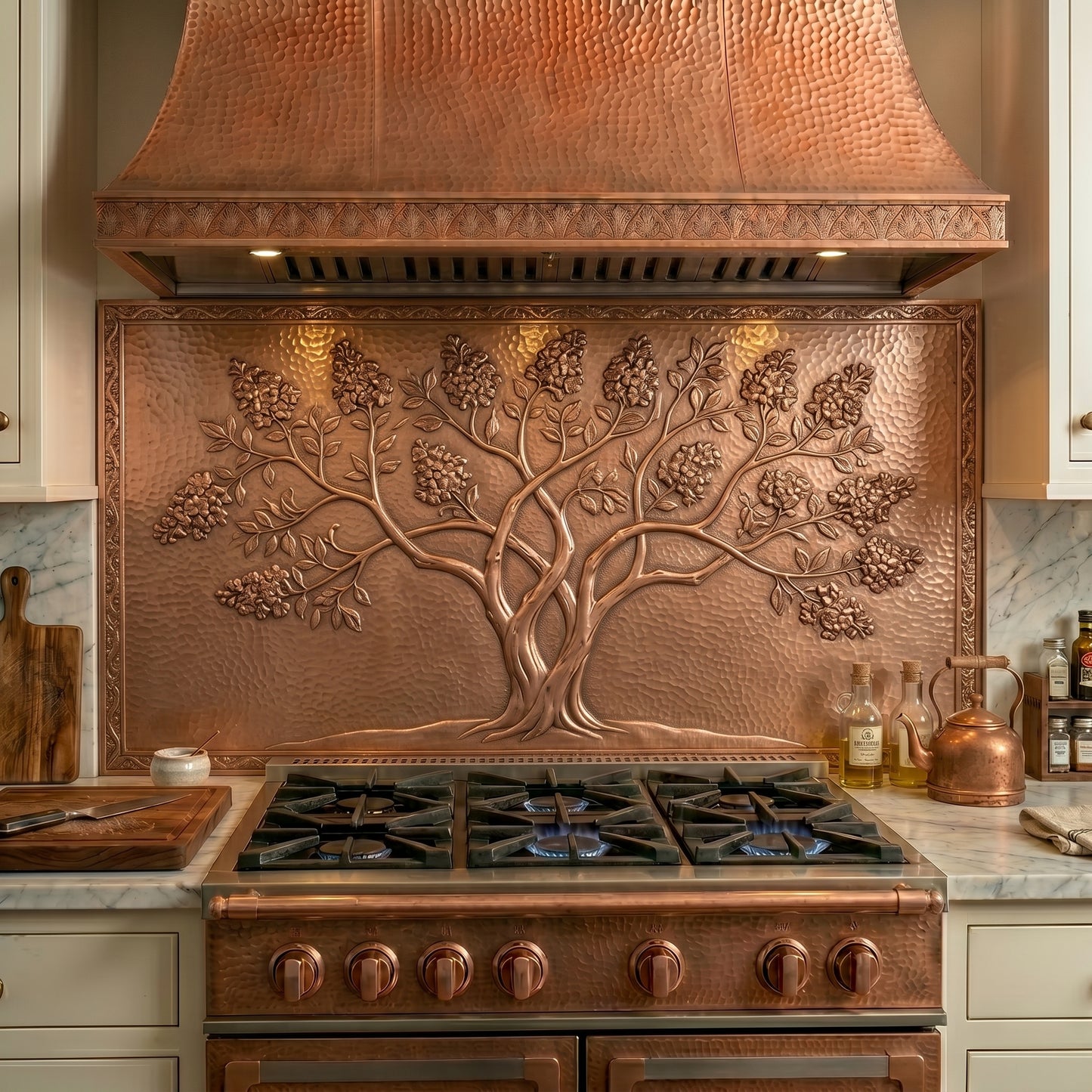 Handmade Crape Myrtle Tree copper kitchen backsplash featuring abundant flowering blooms and elegant branching. Crafted from real copper with custom sizes available for cottage, farmhouse, garden-inspired, and traditional kitchens.