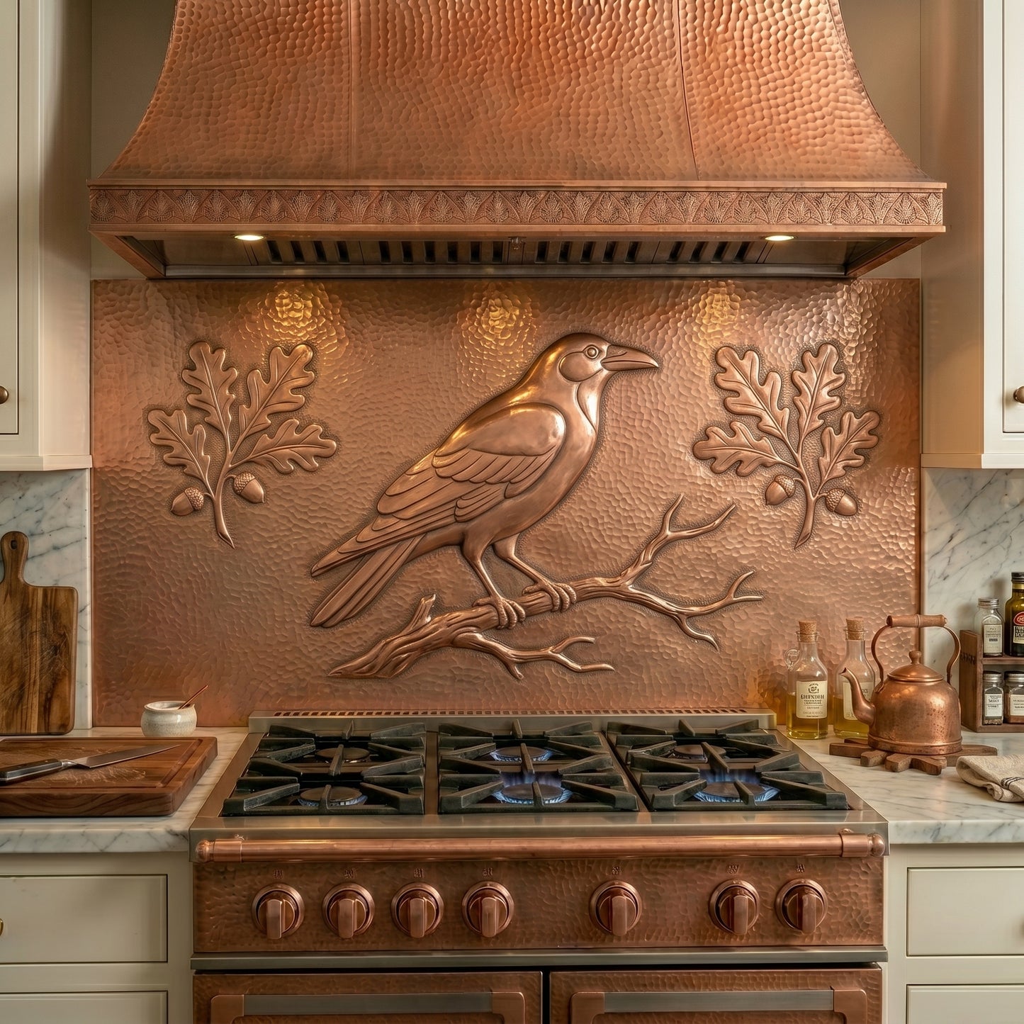 Handmade crow copper kitchen backsplash for behind the stove. Custom bird wall decor for woodland homes, rustic kitchens, cabins, lodges, and nature lovers.