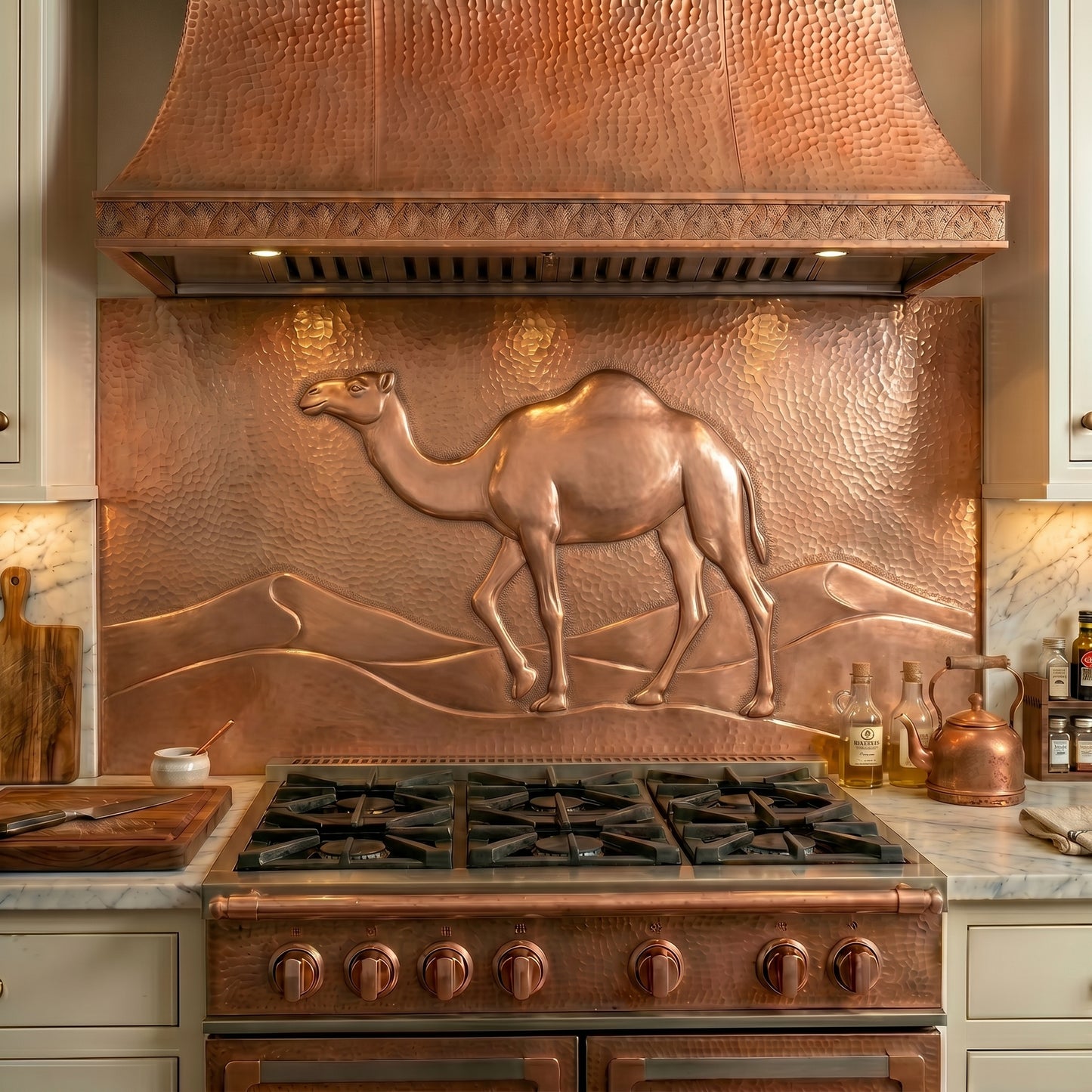 Handmade Desert Camel copper kitchen backsplash behind the stove. Elegant desert wall decor featuring a solitary camel crossing rolling dunes, creating a warm focal point for Southwestern, Moroccan, Middle Eastern, and desert-inspired kitchens.