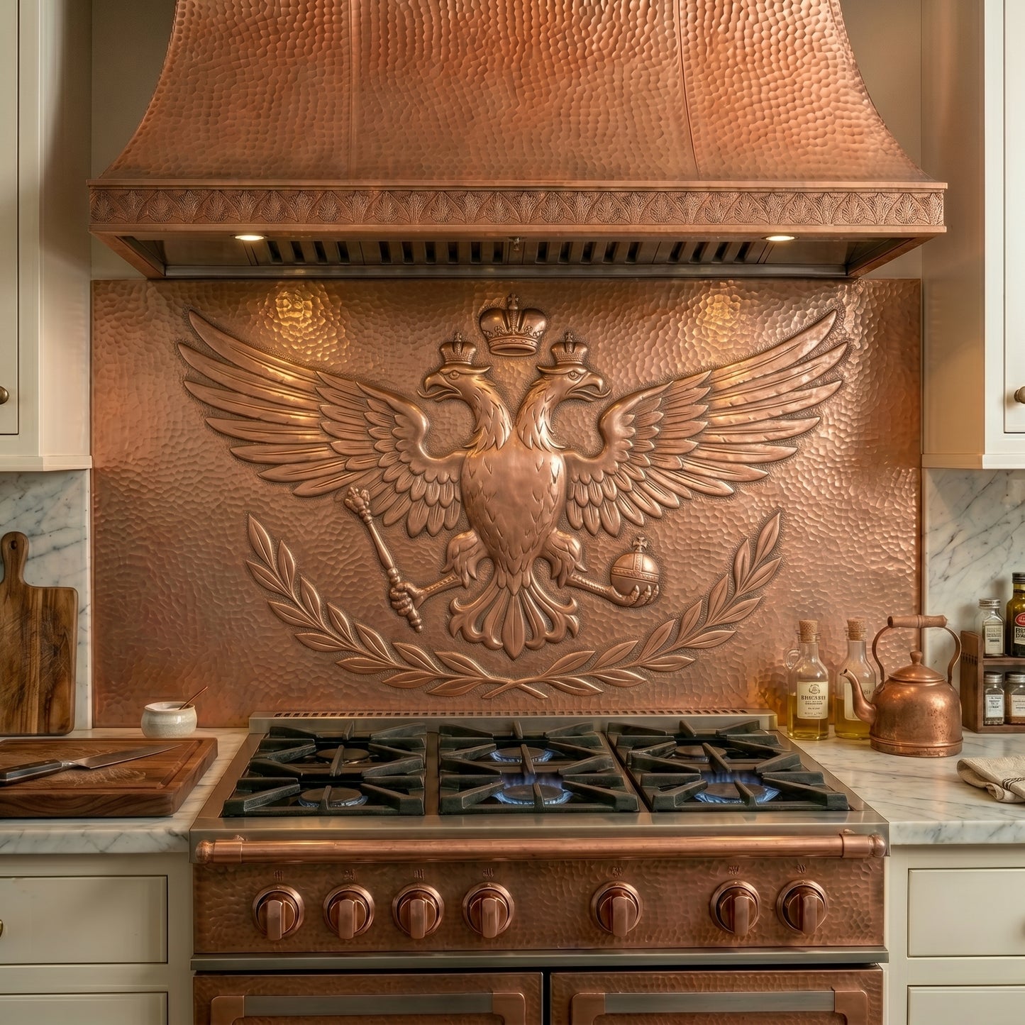 Handmade double-headed eagle copper kitchen backsplash for behind the stove. Custom heraldic wall decor inspired by imperial emblems, royal crests, and historic European symbolism