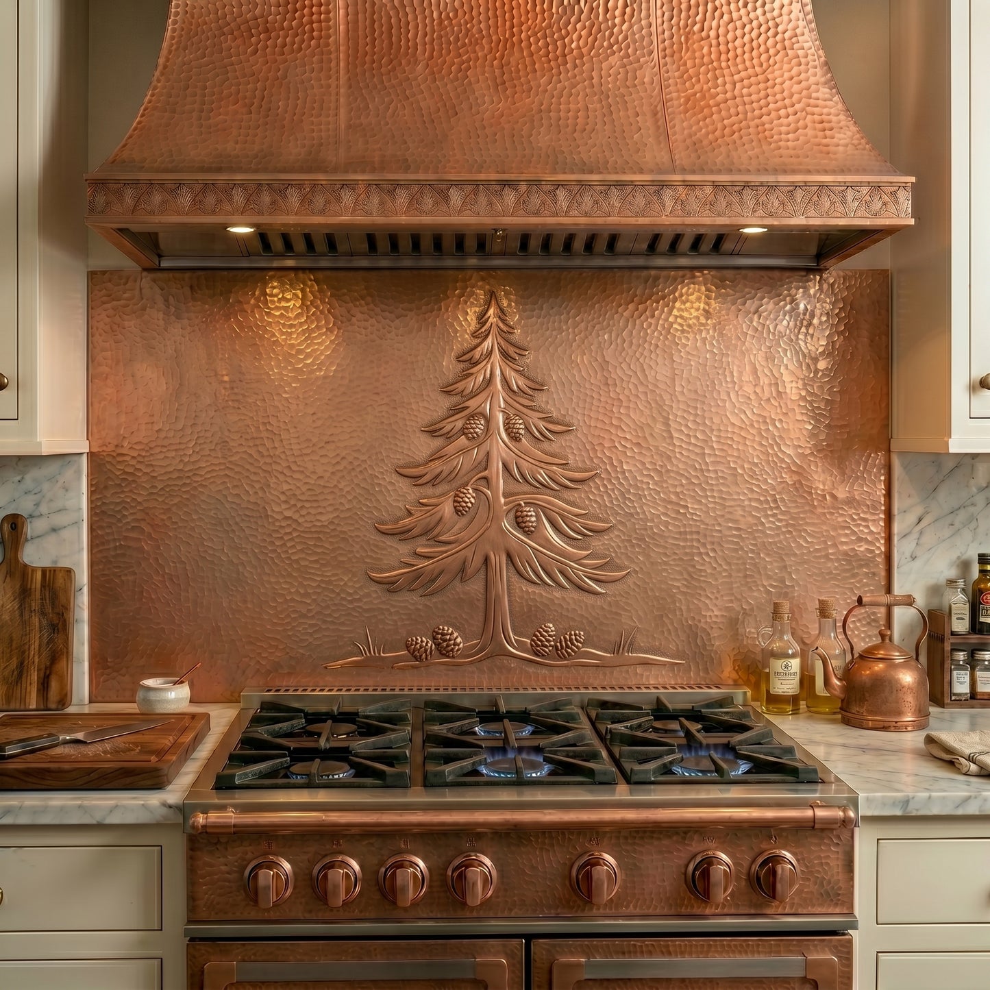 Handmade Douglas fir tree copper kitchen backsplash featuring detailed evergreen branches and pinecones. Crafted from real copper with custom sizes available for cabin kitchens, mountain homes, lodge interiors, and forest-inspired spaces.