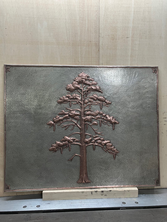 Handmade Eastern White Pine Copper Kitchen Backsplash crafted from real copper. Featuring graceful pine branches and hanging cones. Custom sizes available. Perfect for stove backsplashes, fireplaces, cabins, lodges, and rustic kitchens.