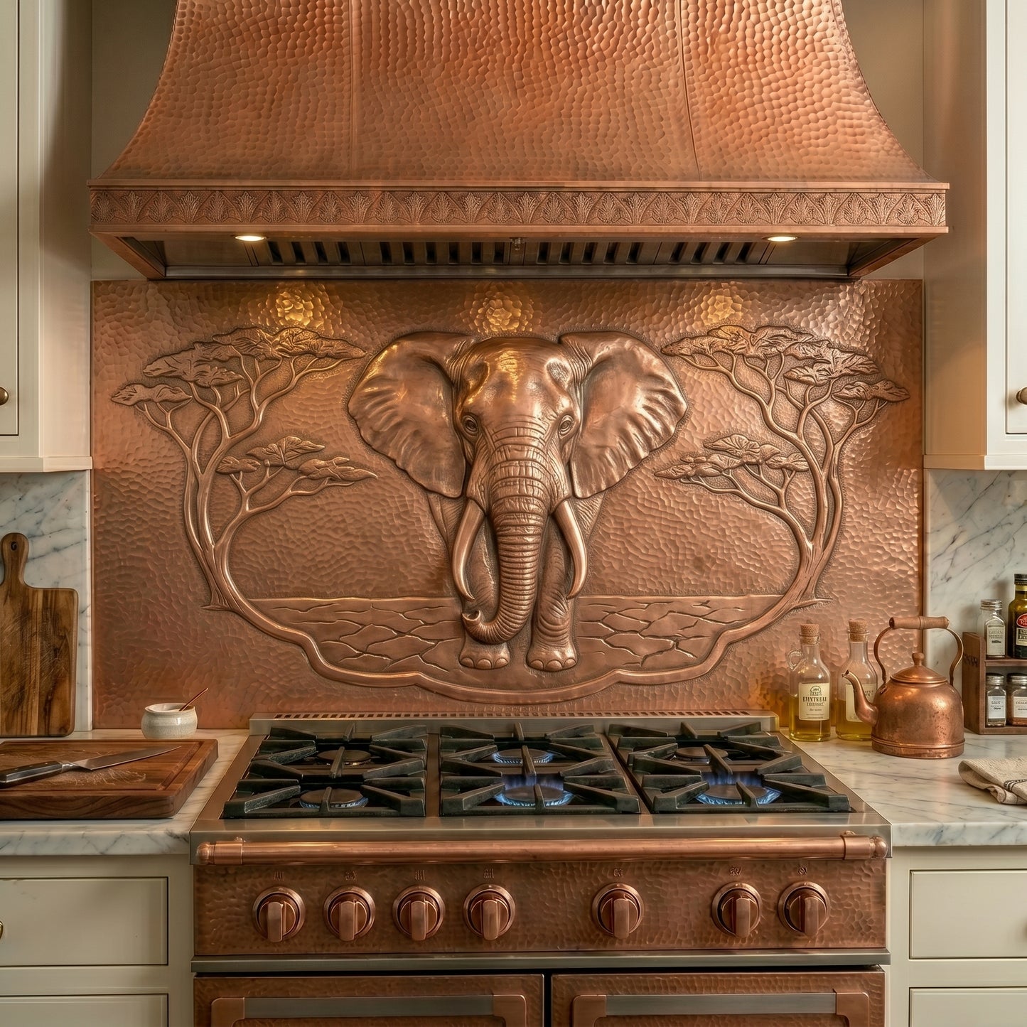 Handmade African elephant copper kitchen backsplash for behind the stove. Custom safari wildlife wall decor featuring a majestic elephant surrounded by acacia trees and African landscape details.