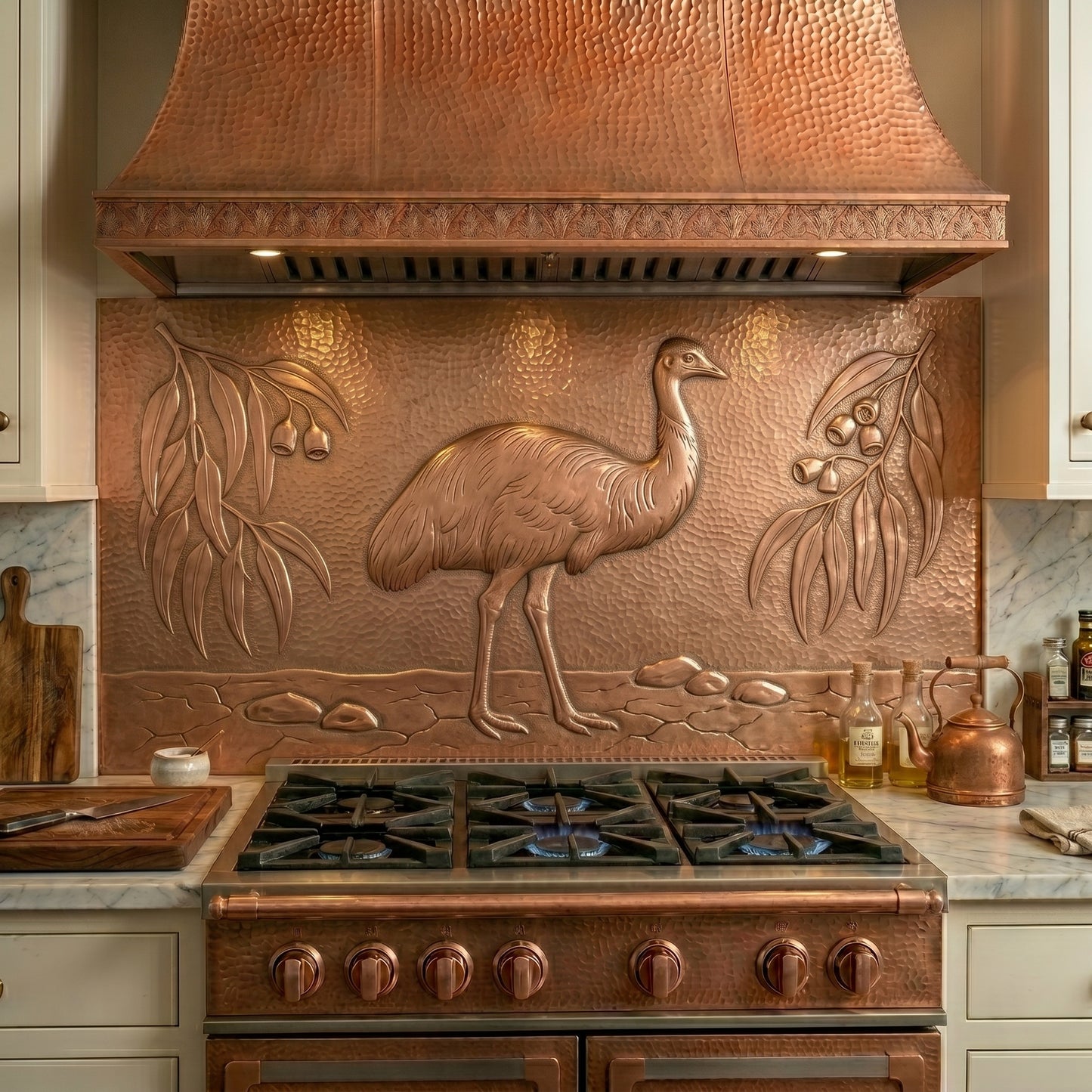Handmade emu copper kitchen backsplash behind the stove. Custom Australian wildlife wall decor for nature lovers, rustic homes, and unique kitchens.