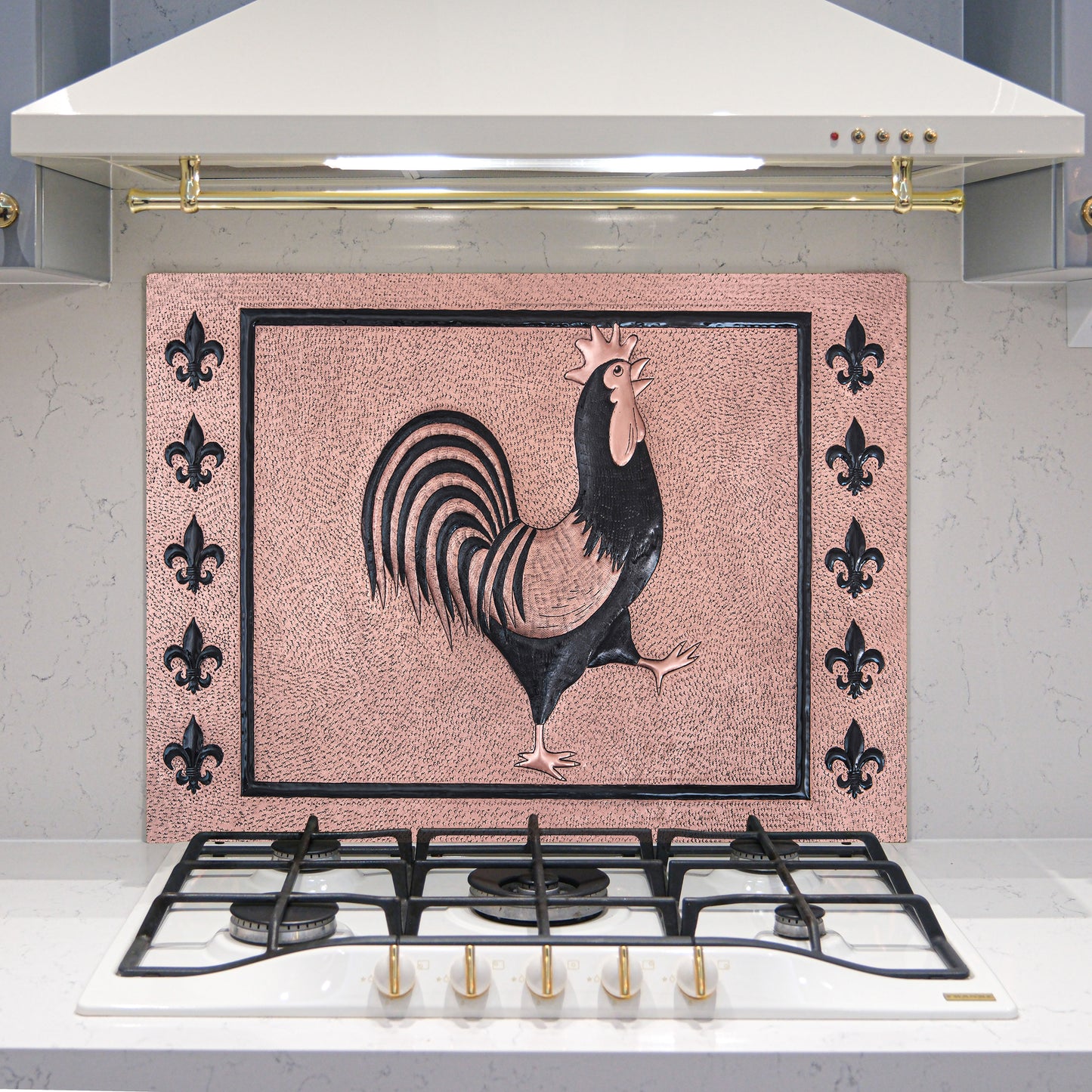 European Kitchen Backsplash Tile - Copper Rooster & Fleur De Lys - Copper & Black - Natuross