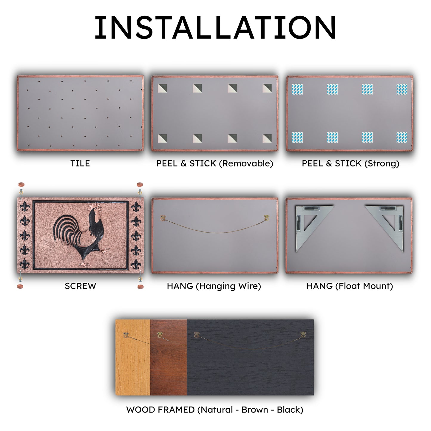 European Kitchen Backsplash Tile - Copper Rooster & Fleur De Lys - Copper & Black - Natuross