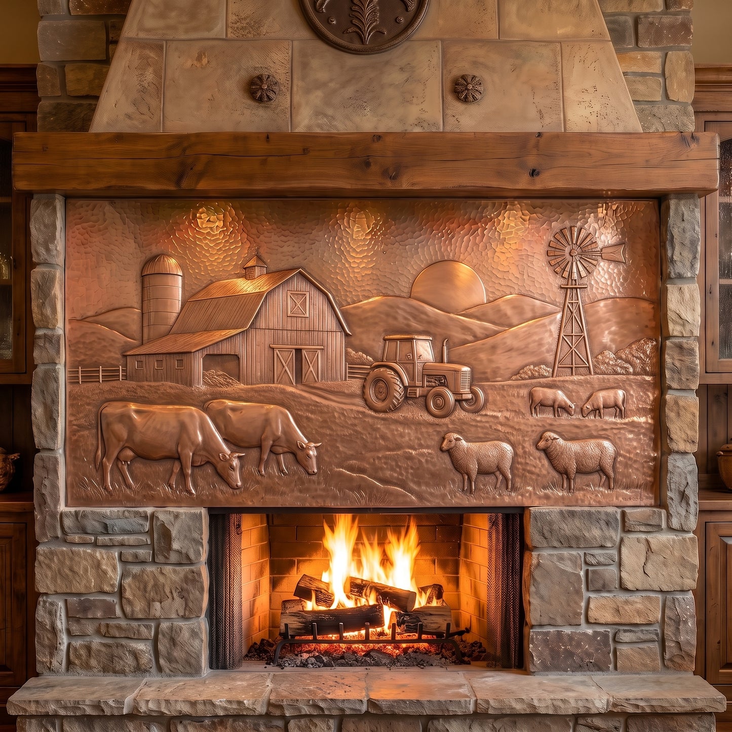 Hand-hammered farm portrait wall art made from real copper, featuring a barn, silo, tractor, windmill, grazing cattle and sheep, fields, rolling hills, and setting sun formed in raised copper relief and displayed above a stone fireplace.