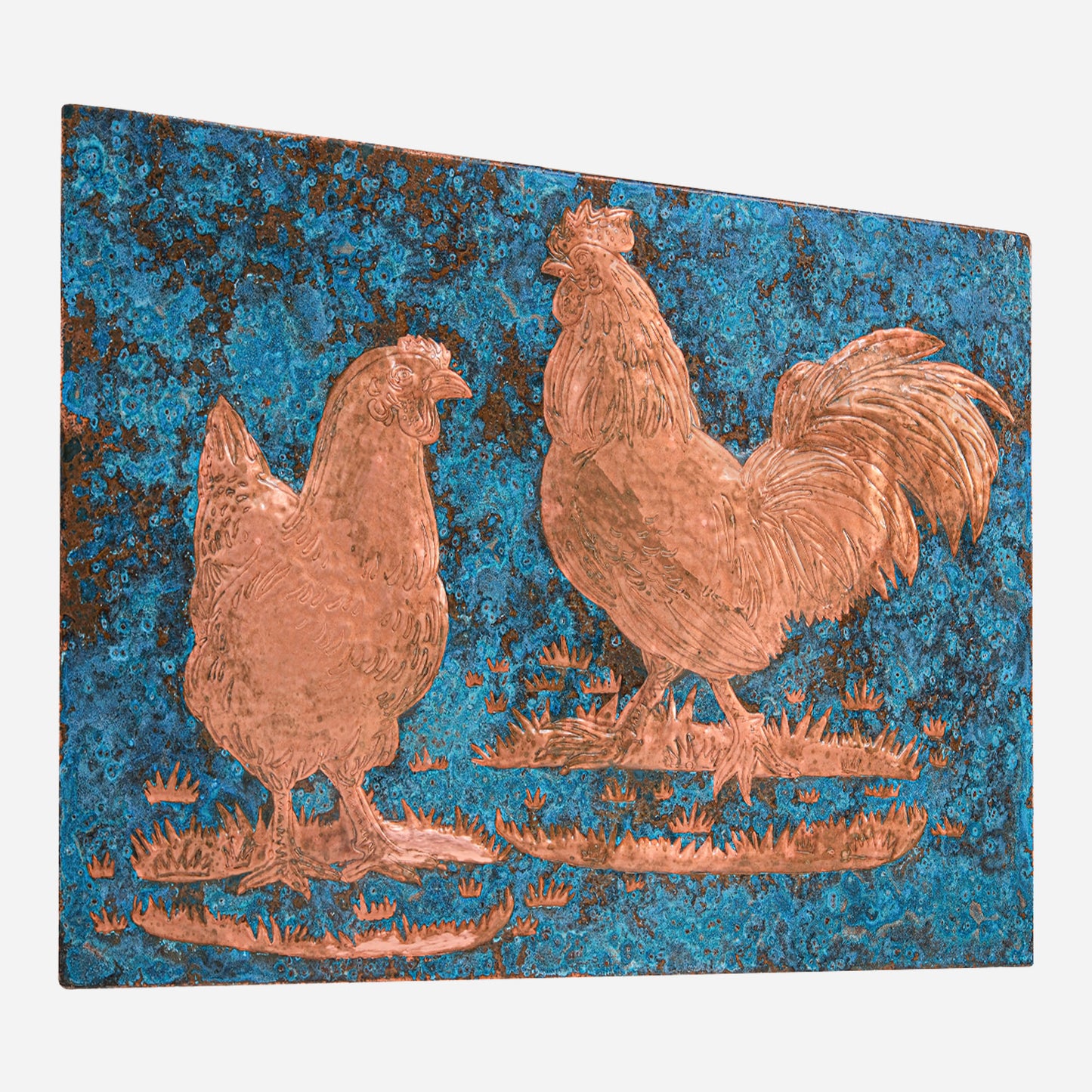 Farmhouse Kitchen Backsplash Tile - Copper Rooster & Chicken - Blue Patina - Natuross