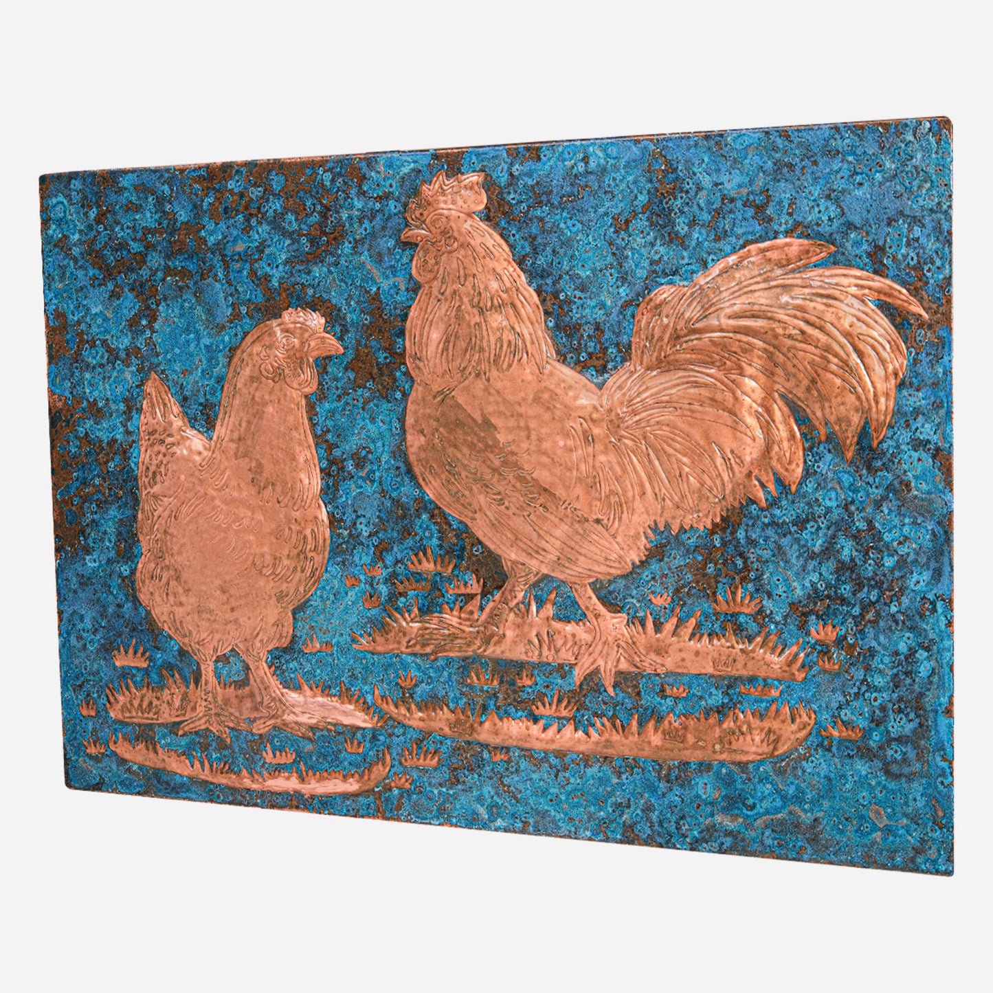 Farmhouse Kitchen Backsplash Tile - Copper Rooster & Chicken - Blue Patina - Natuross